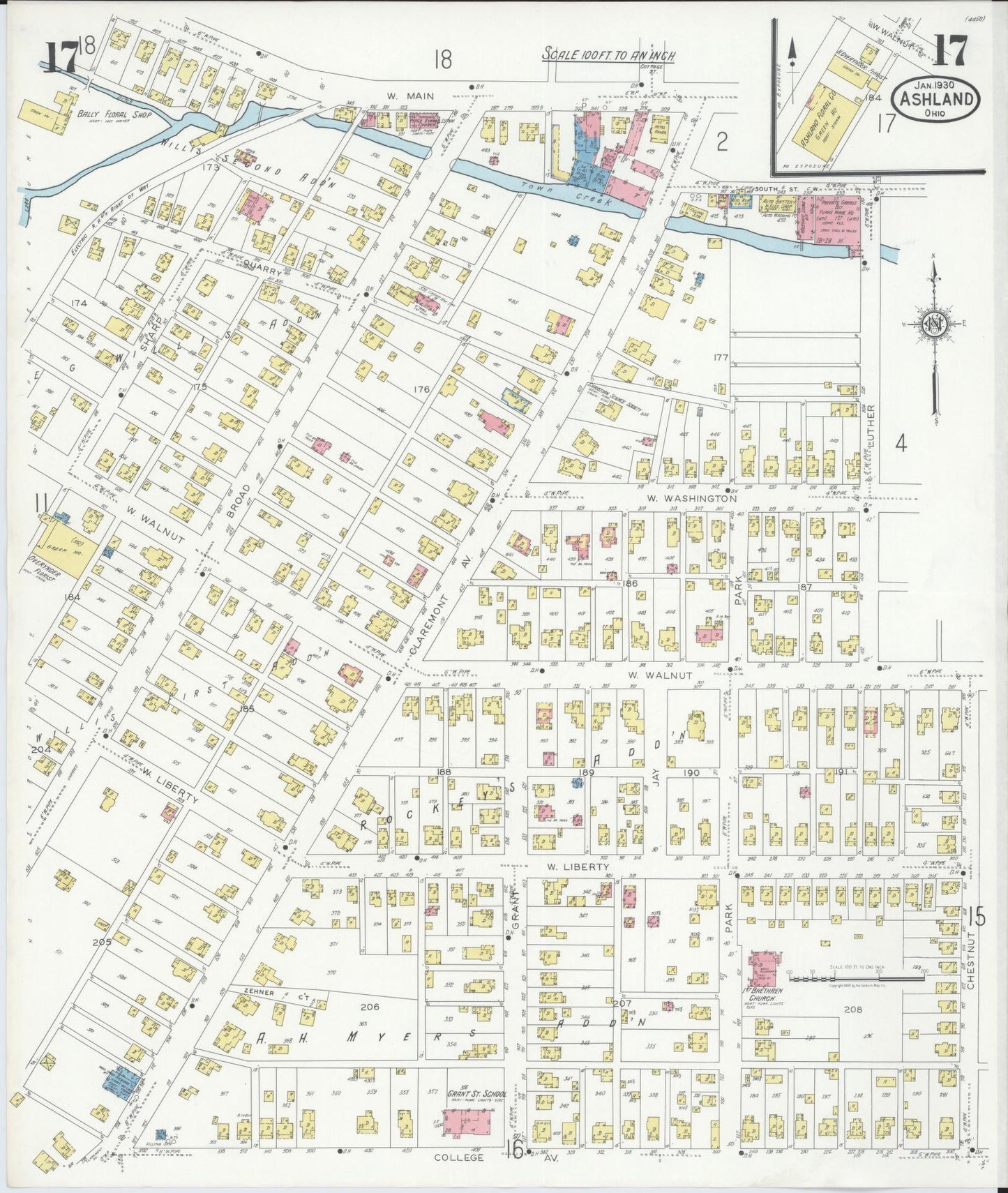 Sanborn Fire Insurance Map from Ashland, Ashland County, Ohio (1930), Sheet #0017 - Historic Sanborn Fire Insurance Map Print, vintage old map wall art, antique decor, genealogy gift, Ohio Ohio map