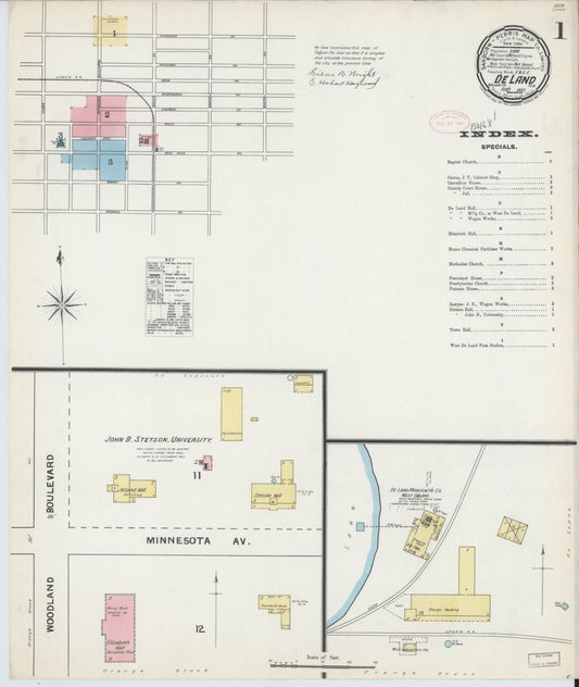 Sanborn Fire Insurance Map from De Land, Volusia County, Florida (1892), Sheet #0001 - Historic Sanborn Fire Insurance Map Print, vintage old map wall art, antique decor, genealogy gift, Florida Florida map