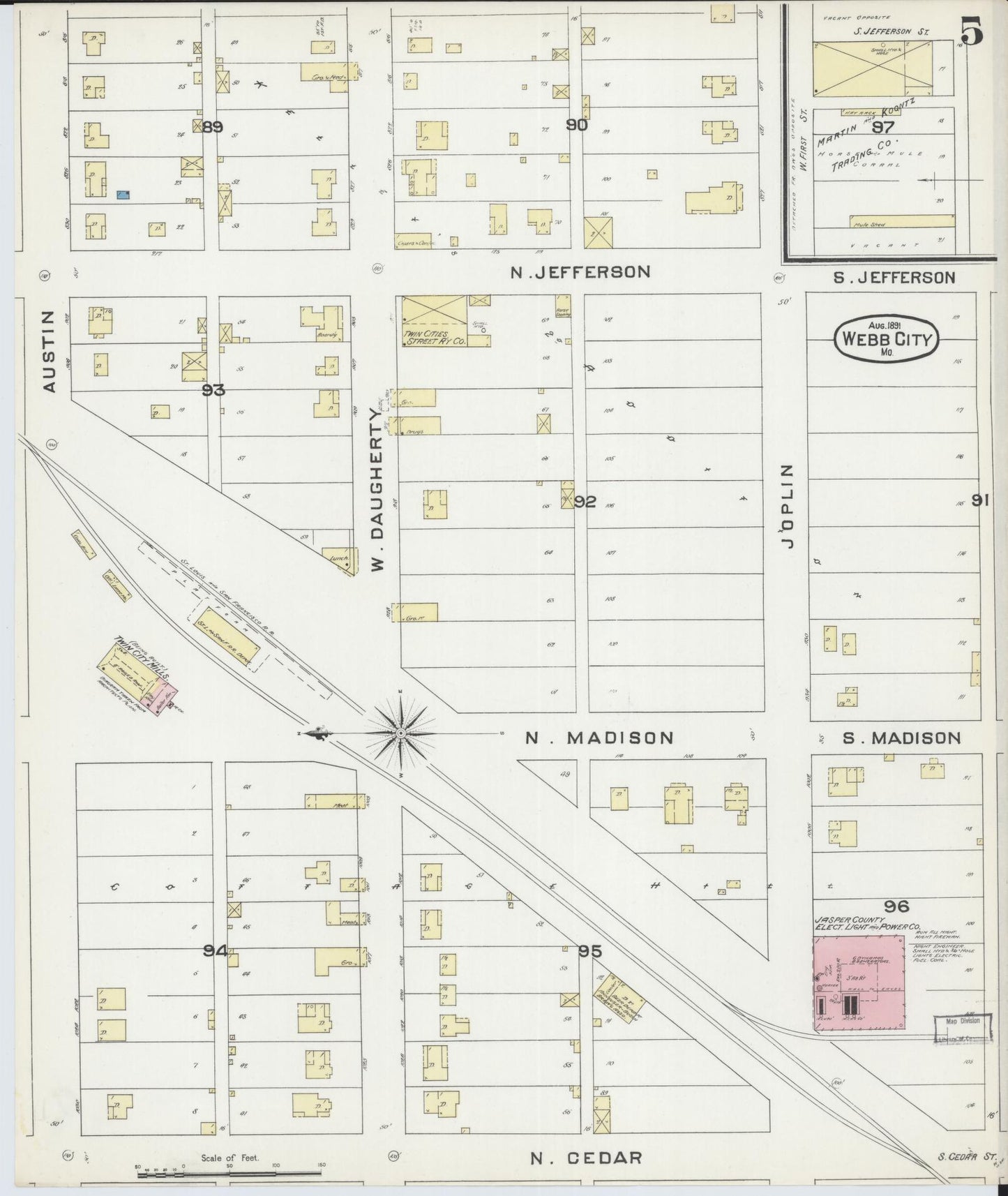 Sanborn Fire Insurance Map from Webb City, Jasper County, Missouri (1891), Sheet #0005 - Complete Map Set gallery image, historic Sanborn map, vintage wall art, Missouri Missouri