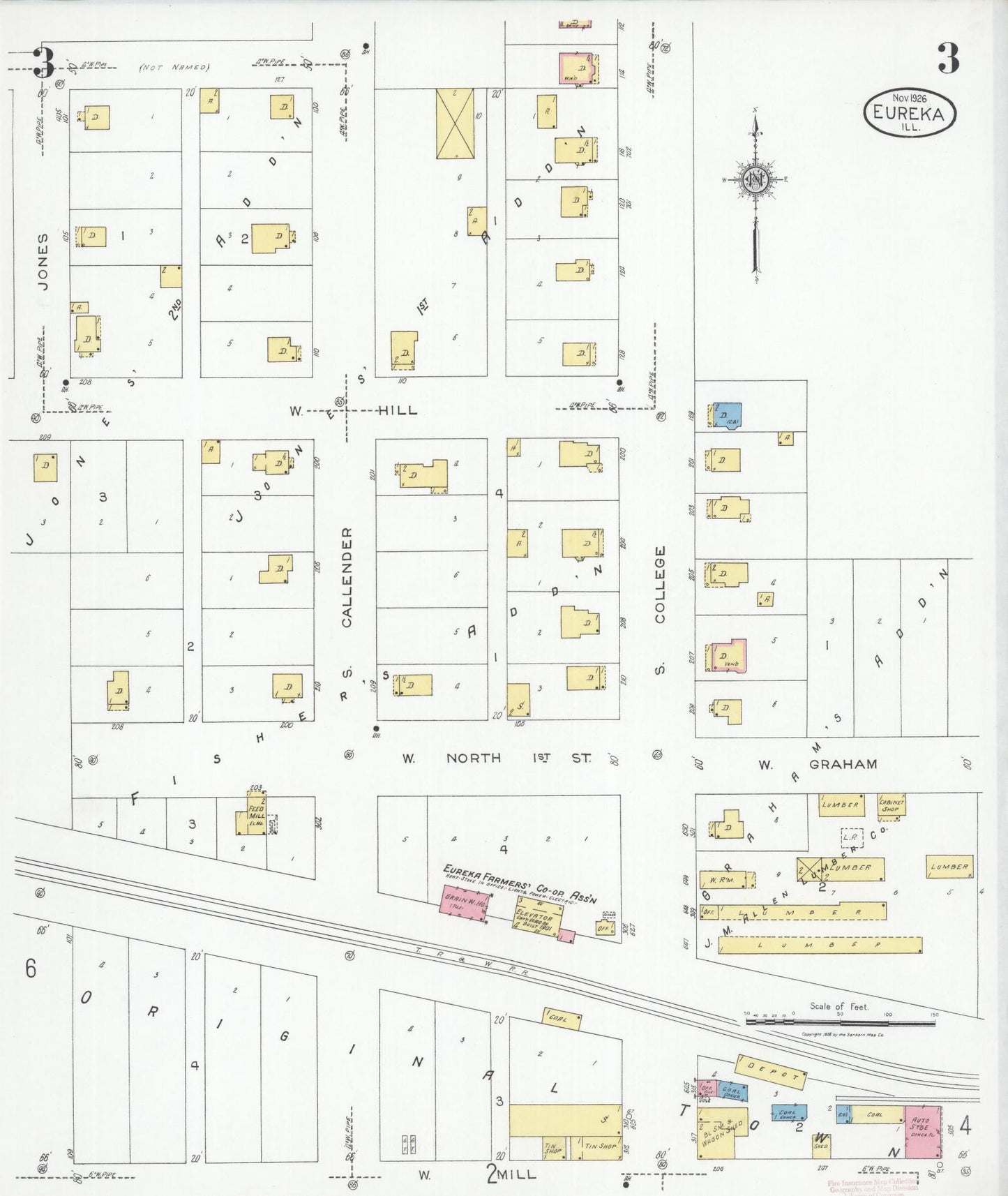 Sanborn Fire Insurance Map from Eureka, Woodford County, Illinois (1926), Sheet #0003 - Complete Map Set gallery image, historic Sanborn map, vintage wall art, Illinois Illinois