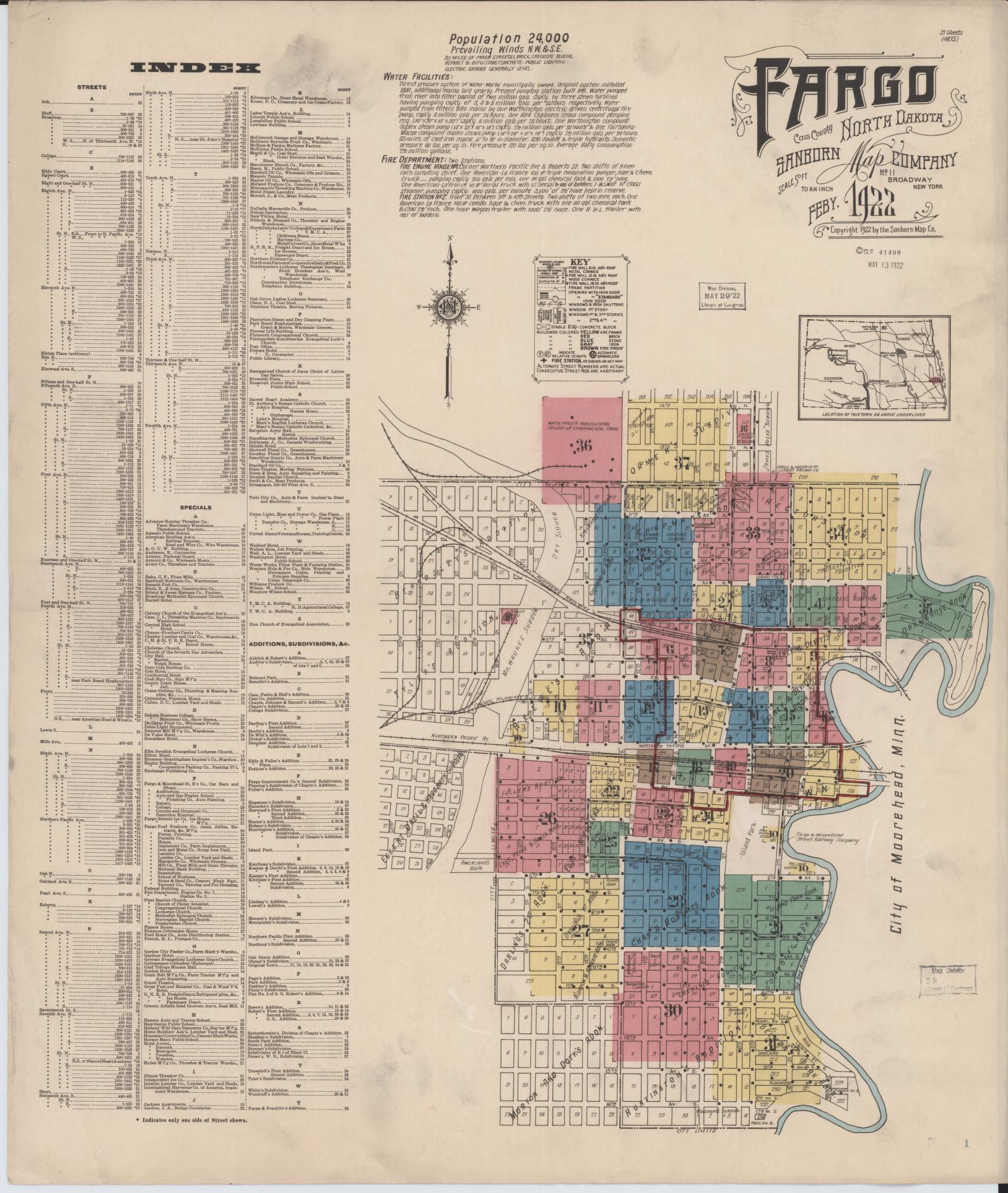 Sanborn Fire Insurance Map from Fargo, Cass County, North Dakota (1922), Sheet #0001 - Historic Sanborn Fire Insurance Map Print, vintage old map wall art, antique decor, genealogy gift, North Dakota North Dakota map