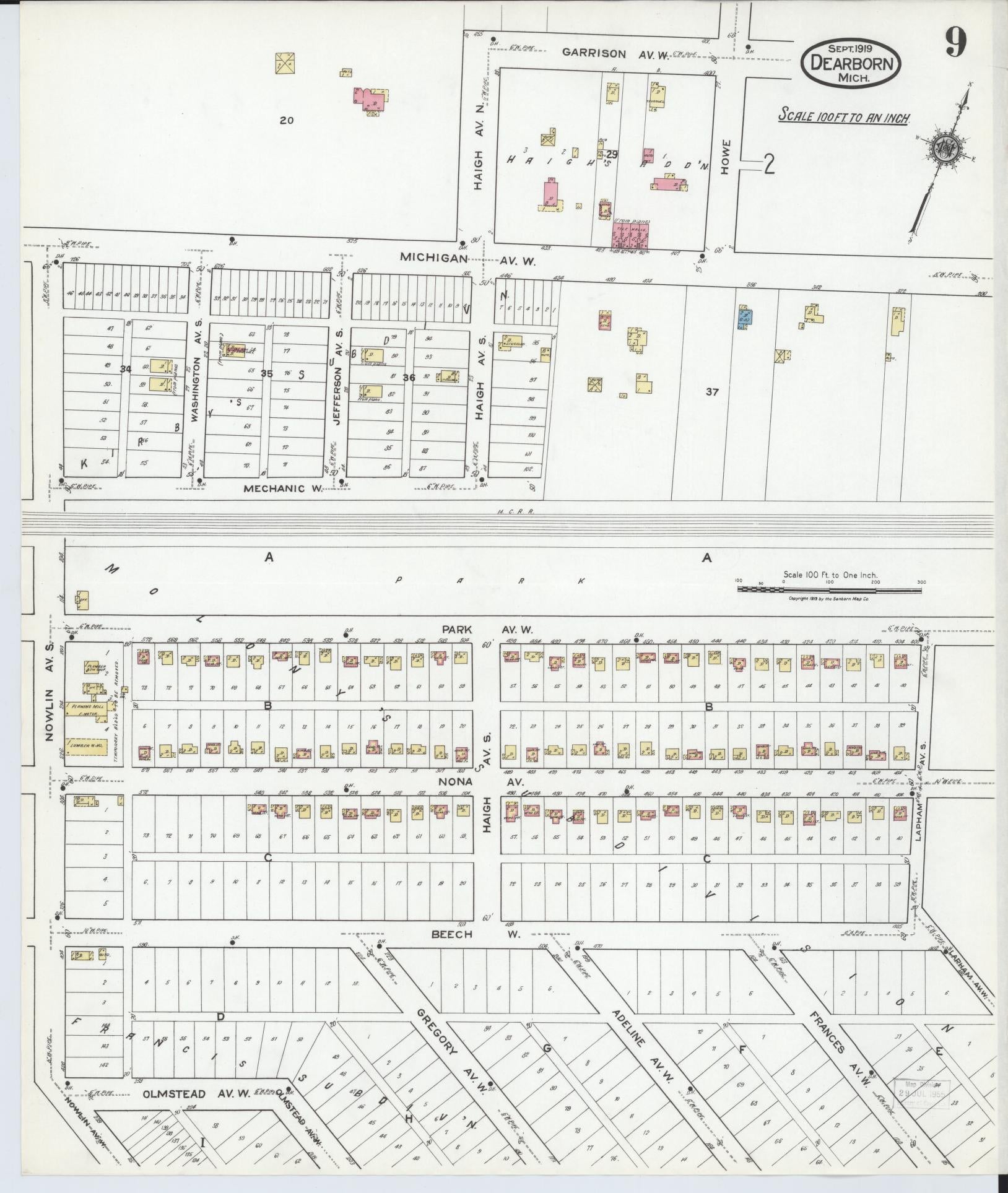 Sanborn Fire Insurance Map from Dearborn, Wayne County, Michigan (1919), Sheet #0009 - Historic Sanborn Fire Insurance Map Print, vintage old map wall art, antique decor, genealogy gift, Michigan Michigan map