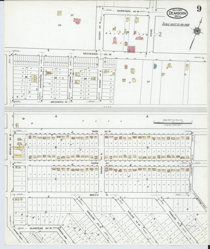 Sanborn Fire Insurance Map from Dearborn, Wayne County, Michigan (1919), Sheet #0009 - Historic Sanborn Fire Insurance Map Print, vintage old map wall art, antique decor, genealogy gift, Michigan Michigan map