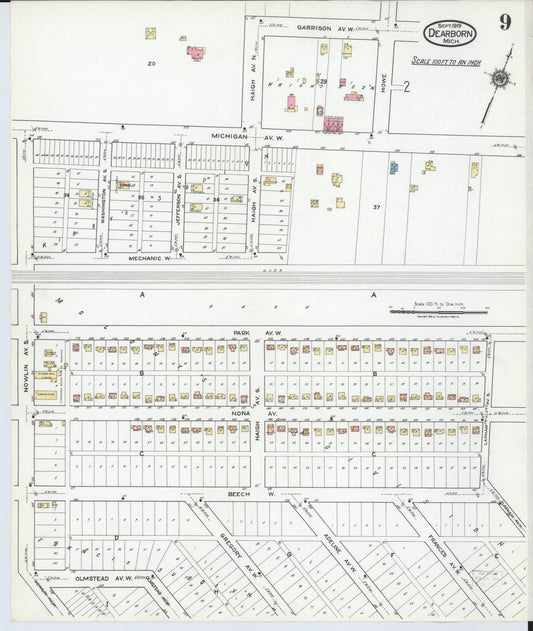 Sanborn Fire Insurance Map from Dearborn, Wayne County, Michigan (1919), Sheet #0009 - Historic Sanborn Fire Insurance Map Print, vintage old map wall art, antique decor, genealogy gift, Michigan Michigan map