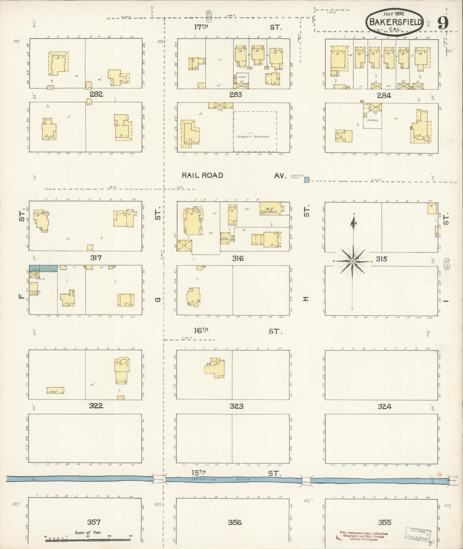 Sanborn Fire Insurance Map from Bakersfield, Kern County, California (1892), Sheet #0009 - Historic Sanborn Fire Insurance Map Print, vintage old map wall art, antique decor, genealogy gift, California California map