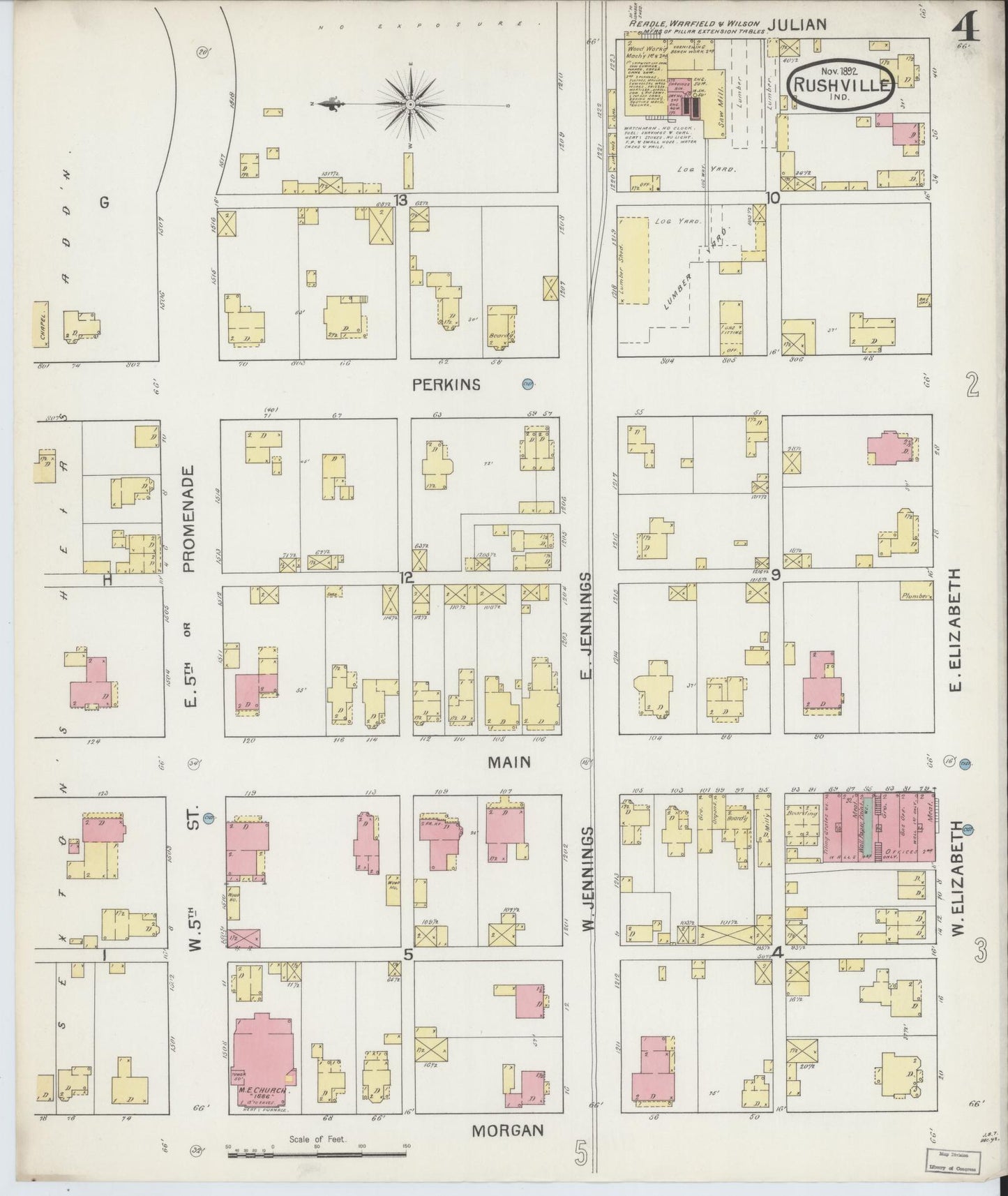 Sanborn Fire Insurance Map from Rushville, Rush County, Indiana (1892), Sheet #0004 - Historic Sanborn Fire Insurance Map Print, vintage old map wall art, antique decor, genealogy gift, Indiana Indiana map