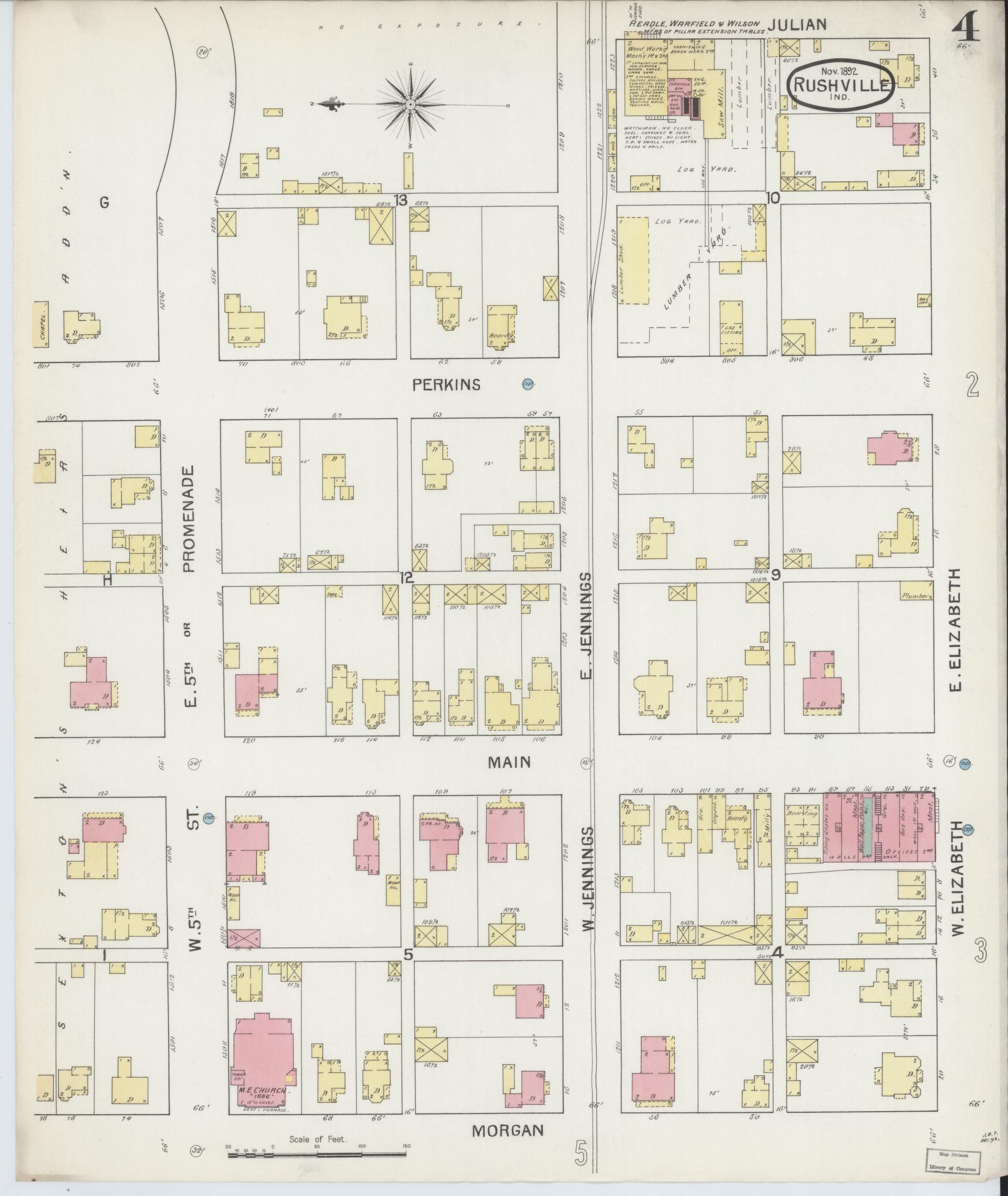 Sanborn Fire Insurance Map from Rushville, Rush County, Indiana (1892), Sheet #0004 - Historic Sanborn Fire Insurance Map Print, vintage old map wall art, antique decor, genealogy gift, Indiana Indiana map