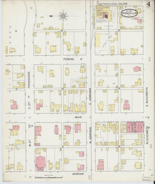 Sanborn Fire Insurance Map from Rushville, Rush County, Indiana (1892), Sheet #0004 - Historic Sanborn Fire Insurance Map Print, vintage old map wall art, antique decor, genealogy gift, Indiana Indiana map