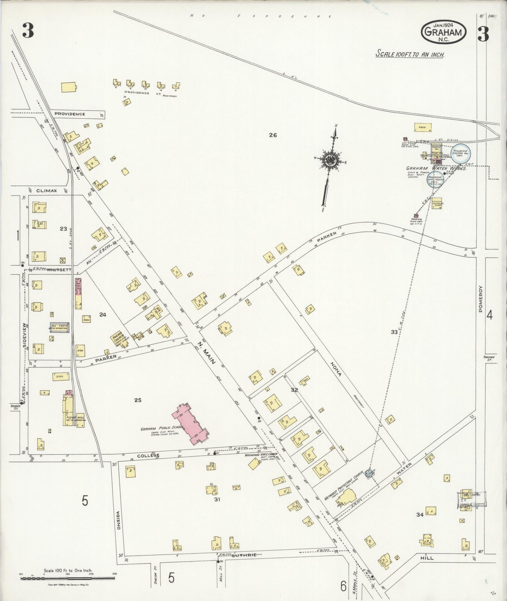 Sanborn Fire Insurance Map from Graham, Alamance County, North Carolina (1924), Sheet #0003 - Historic Sanborn Fire Insurance Map Print, vintage old map wall art, antique decor, genealogy gift, North Carolina North Carolina map