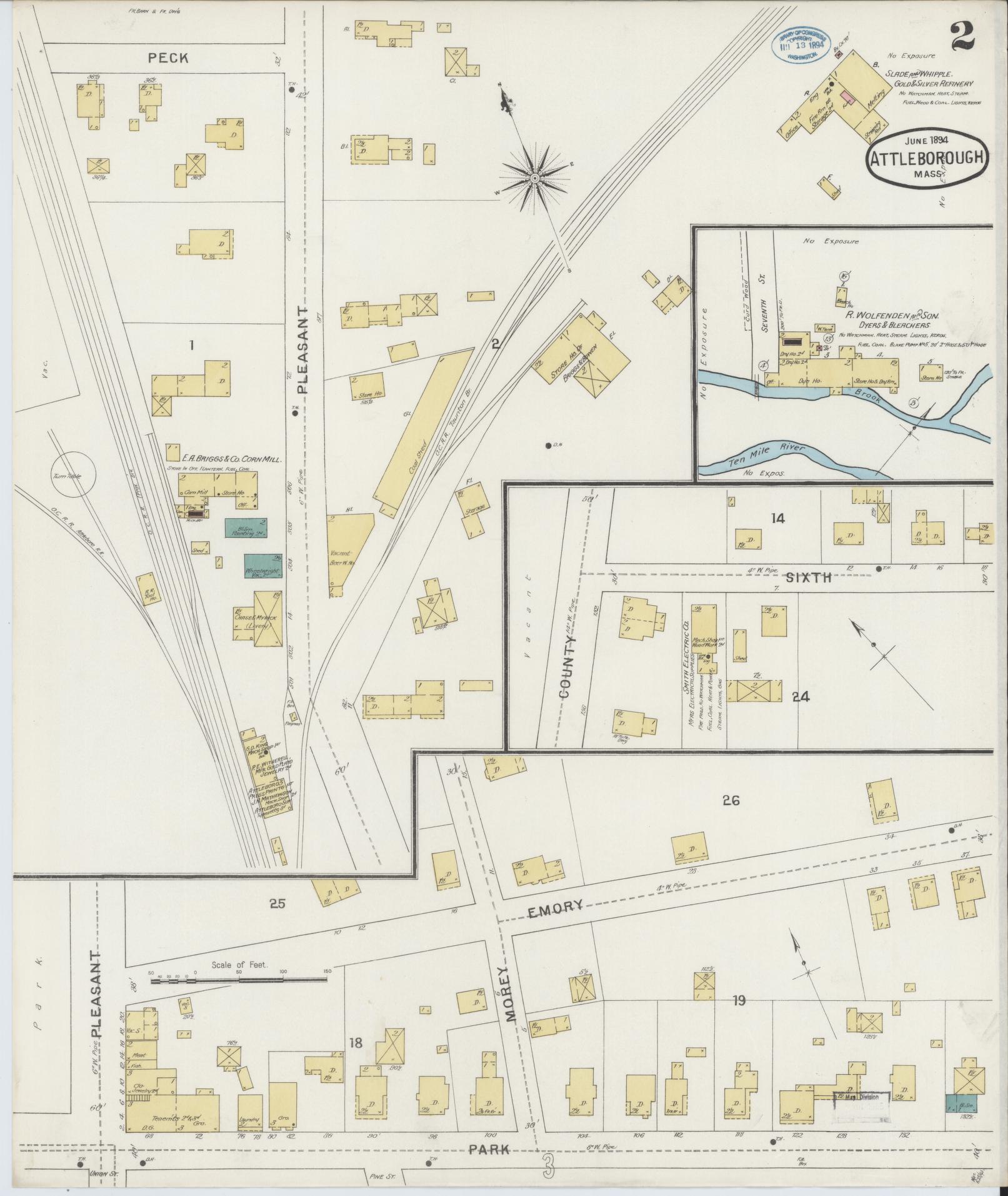 Sanborn Fire Insurance Map from Attleboro, Bristol County, Massachusetts (1894), Sheet #0002 - Complete Map Set gallery image, historic Sanborn map, vintage wall art, Massachusetts Massachusetts