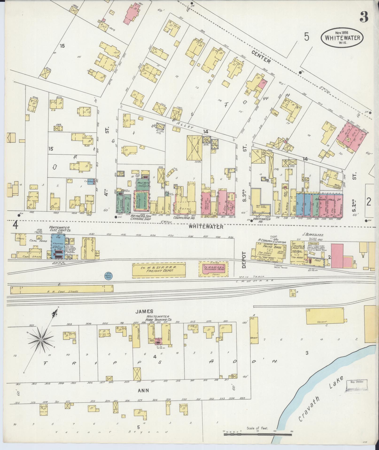 Sanborn Fire Insurance Map from Whitewater, Walworth County, Wisconsin (1898), Sheet #0003 - Historic Sanborn Fire Insurance Map Print, vintage old map wall art, antique decor, genealogy gift, Wisconsin Wisconsin map