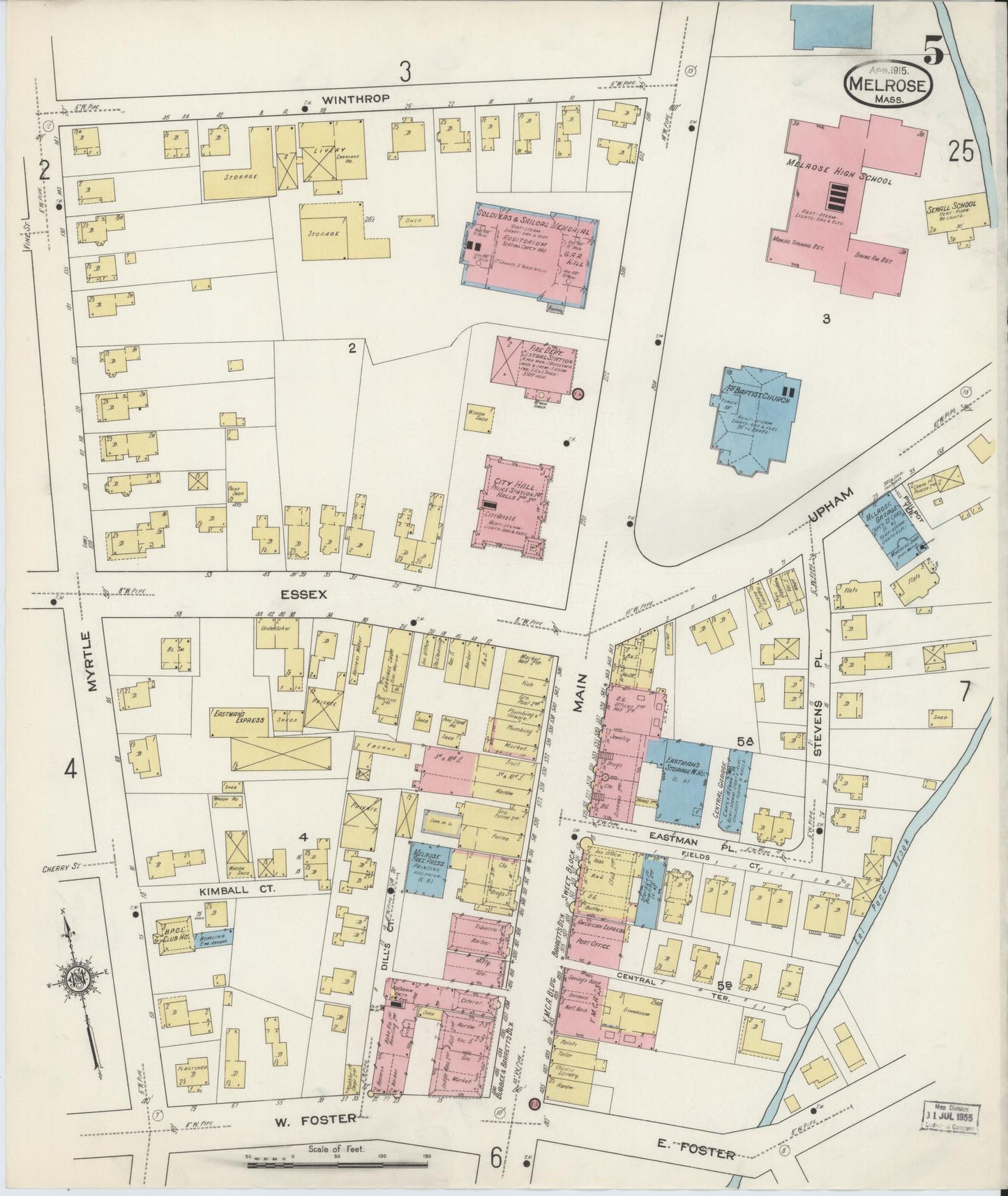 Sanborn Fire Insurance Map from Melrose, Middlesex County, Massachusetts (1915), Sheet #0005 - Historic Sanborn Fire Insurance Map Print, vintage old map wall art, antique decor, genealogy gift, Massachusetts Massachusetts map