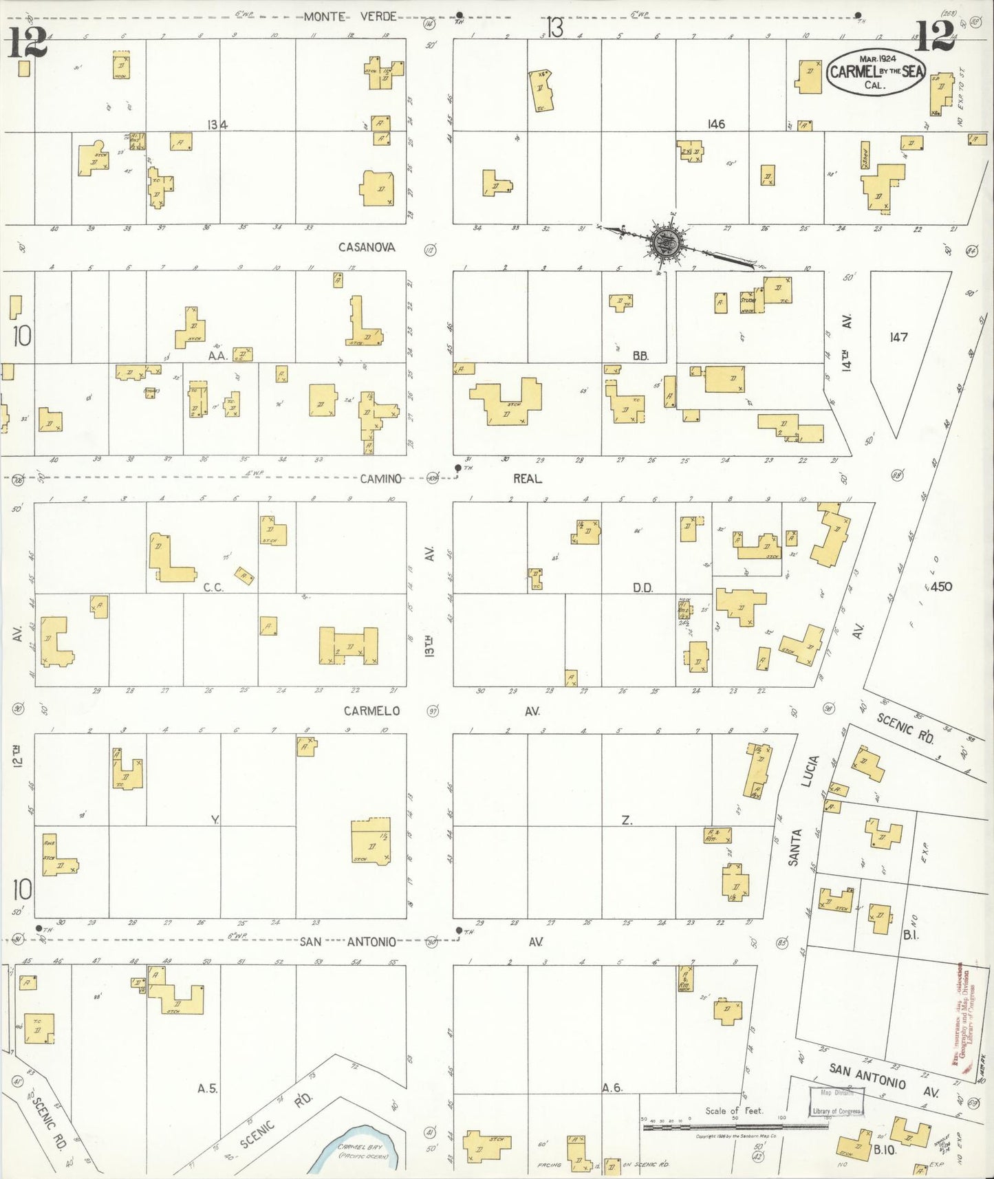 Sanborn Fire Insurance Map from Carmel By The Sea, Monterey County, California (1924), Sheet #0012 - Complete Map Set gallery image, historic Sanborn map, vintage wall art, California California