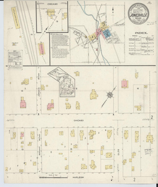 Sanborn Fire Insurance Map from Jonesville, Hillsdale County, Michigan (1913), Sheet #0001 - Historic Sanborn Fire Insurance Map Print, vintage old map wall art, antique decor, genealogy gift, Michigan Michigan map