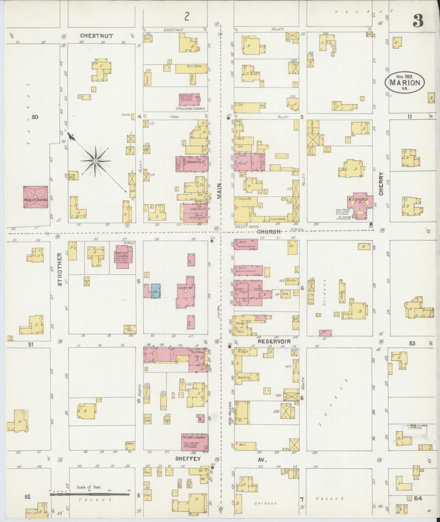 Sanborn Fire Insurance Map from Marion, Smyth County, Virginia (1902), Sheet #0003 - Complete Map Set gallery image, historic Sanborn map, vintage wall art, Virginia Virginia