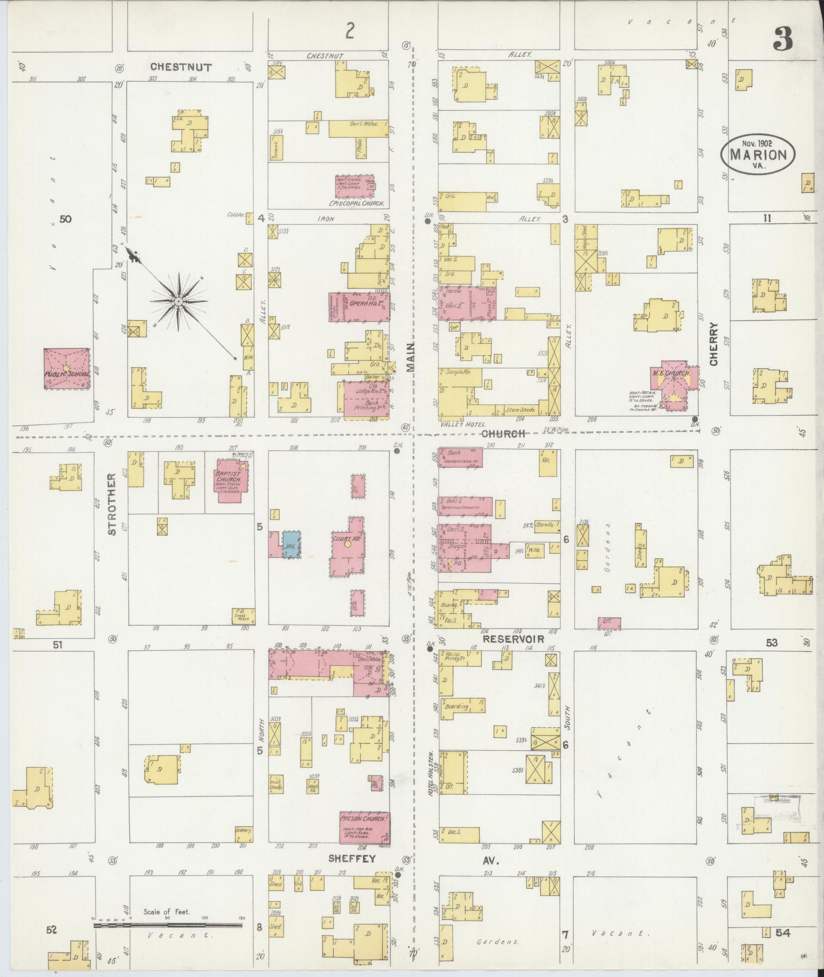 Sanborn Fire Insurance Map from Marion, Smyth County, Virginia (1902), Sheet #0003 - Complete Map Set gallery image, historic Sanborn map, vintage wall art, Virginia Virginia