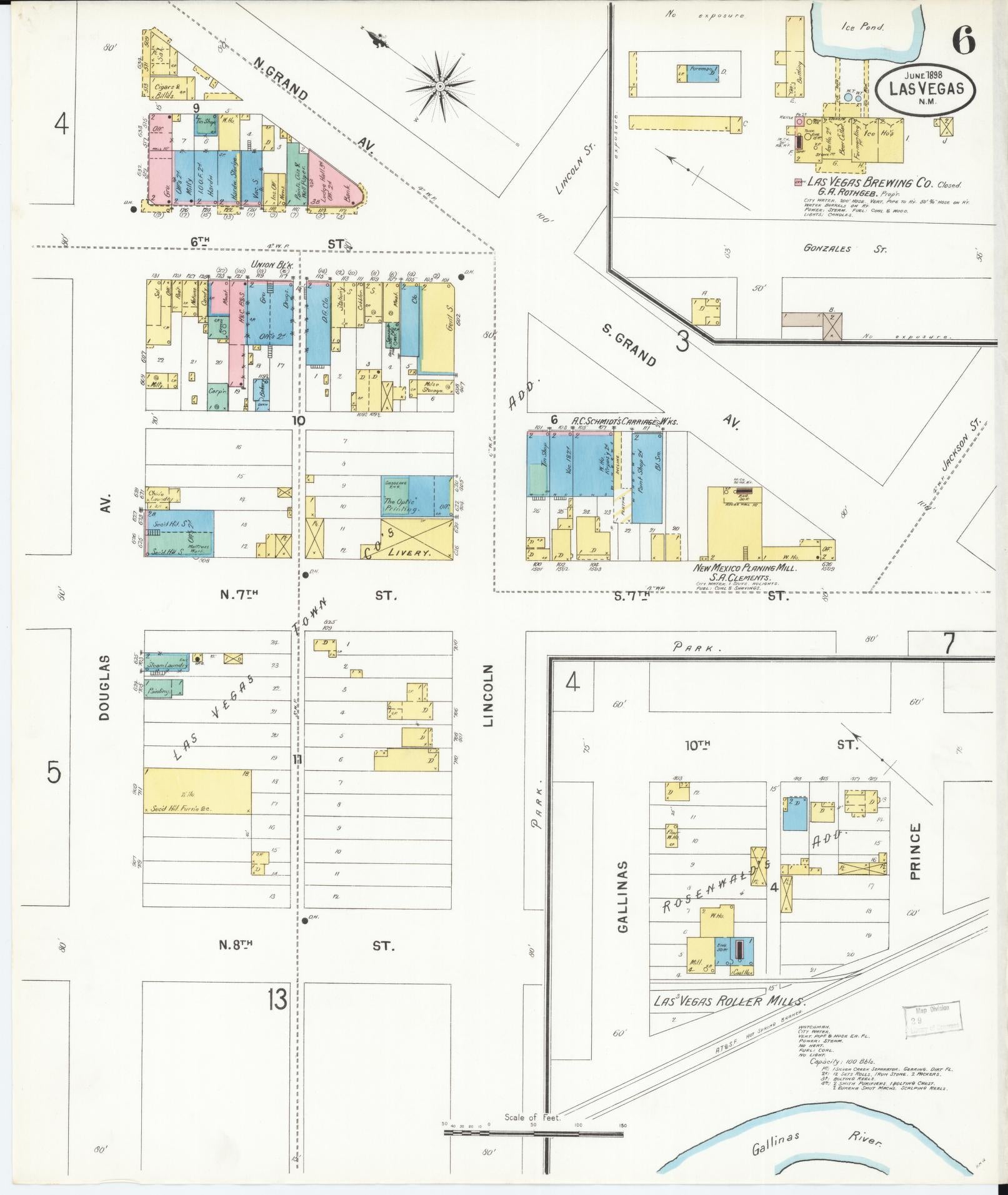 Sanborn Fire Insurance Map from Las Vegas, San Miguel County, New Mexico (1898), Sheet #0006 - Complete Map Set gallery image, historic Sanborn map, vintage wall art, New Mexico New Mexico
