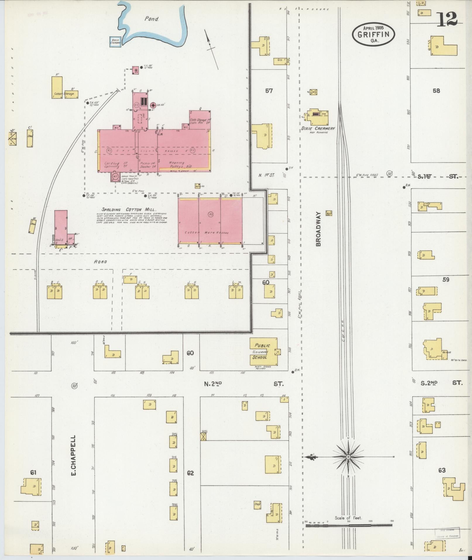 Sanborn Fire Insurance Map from Griffin, Spalding County, Georgia (1905), Sheet #0012 - Complete Map Set gallery image, historic Sanborn map, vintage wall art, Georgia Georgia