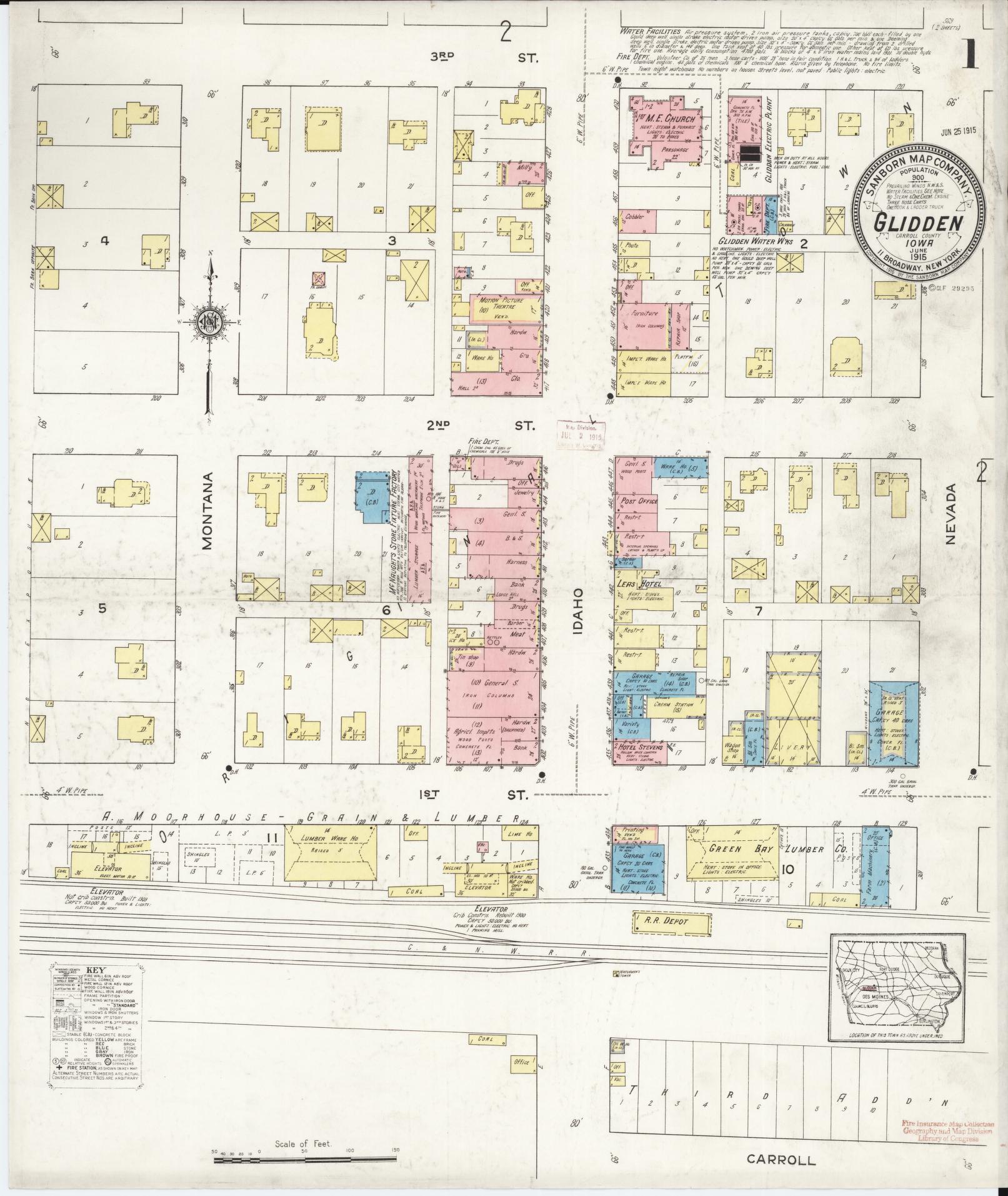Sanborn Fire Insurance Map from Glidden, Carroll County, Iowa (1915), Sheet #0001 - Historic Sanborn Fire Insurance Map Print, vintage old map wall art