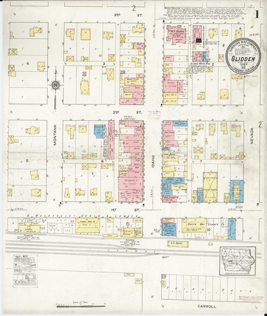 Sanborn Fire Insurance Map from Glidden, Carroll County, Iowa (1915), Sheet #0001 - Historic Sanborn Fire Insurance Map Print, vintage old map wall art