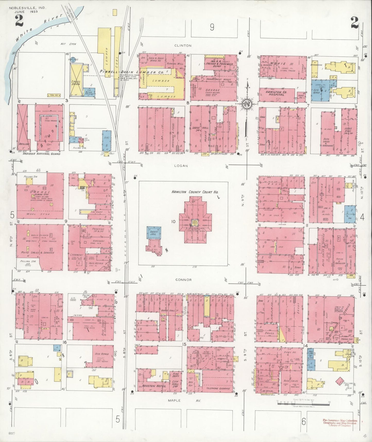 Sanborn Fire Insurance Map from Noblesville, Hamilton County, Indiana (1933), Sheet #0002 - Historic Sanborn Fire Insurance Map Print, vintage old map wall art, antique decor, genealogy gift, Indiana Indiana map