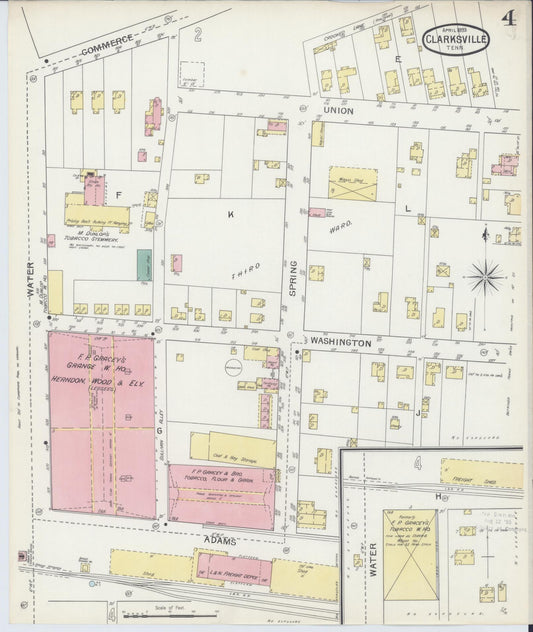 Sanborn Fire Insurance Map from Clarksville, Montgomery County, Tennessee (1893), Sheet #0004 - Historic Sanborn Fire Insurance Map Print, vintage old map wall art, antique decor, genealogy gift, Tennessee Tennessee map