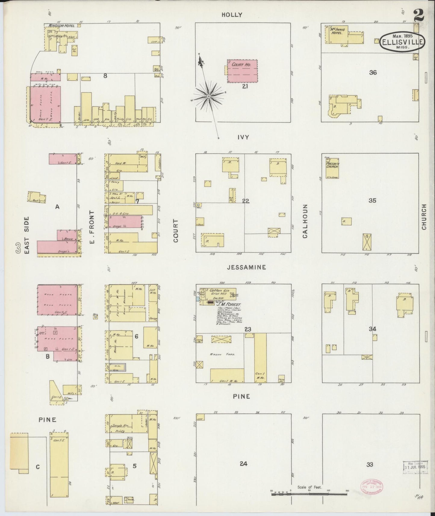 Sanborn Fire Insurance Map from Ellisville, Jones County, Mississippi (1895), Sheet #0002 - Historic Sanborn Fire Insurance Map Print, vintage old map wall art, antique decor, genealogy gift, Mississippi Mississippi map