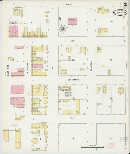 Sanborn Fire Insurance Map from Ellisville, Jones County, Mississippi (1895), Sheet #0002 - Historic Sanborn Fire Insurance Map Print, vintage old map wall art, antique decor, genealogy gift, Mississippi Mississippi map
