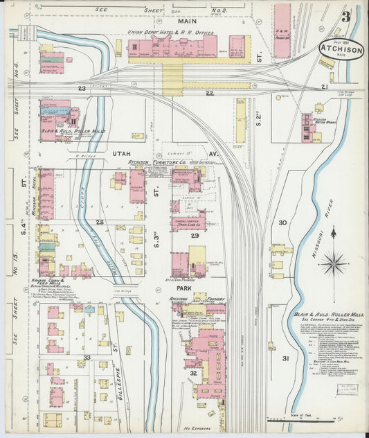 Sanborn Fire Insurance Map from Atchison, Atchison County, Kansas (1891), Sheet #0003 - Historic Sanborn Fire Insurance Map Print, vintage old map wall art, antique decor, genealogy gift, Kansas Kansas map