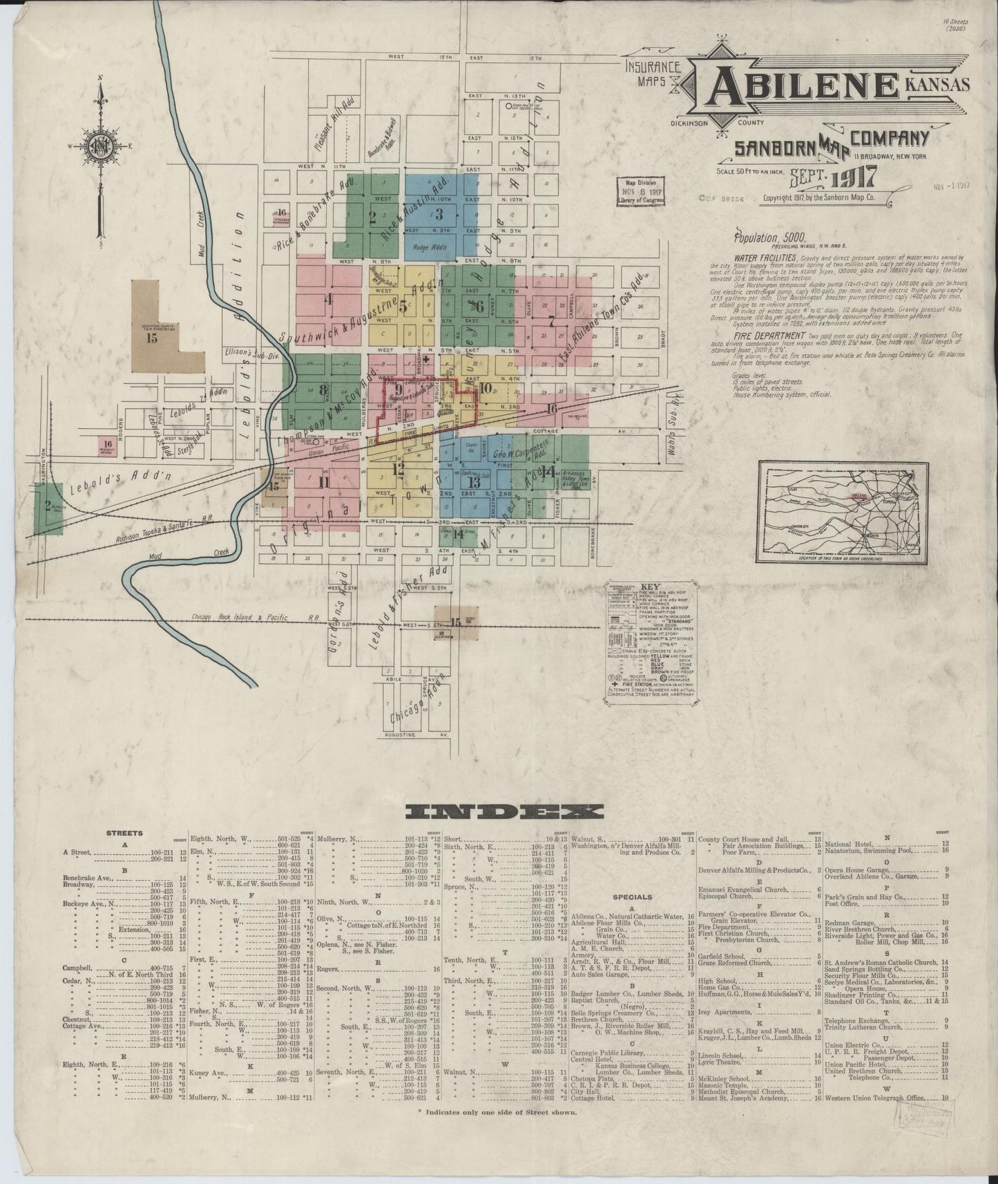 Sanborn Fire Insurance Map from Abilene, Dickinson County, Kansas (1917), Sheet #0001 - Historic Sanborn Fire Insurance Map Print, vintage old map wall art, antique decor, genealogy gift, Kansas Kansas map