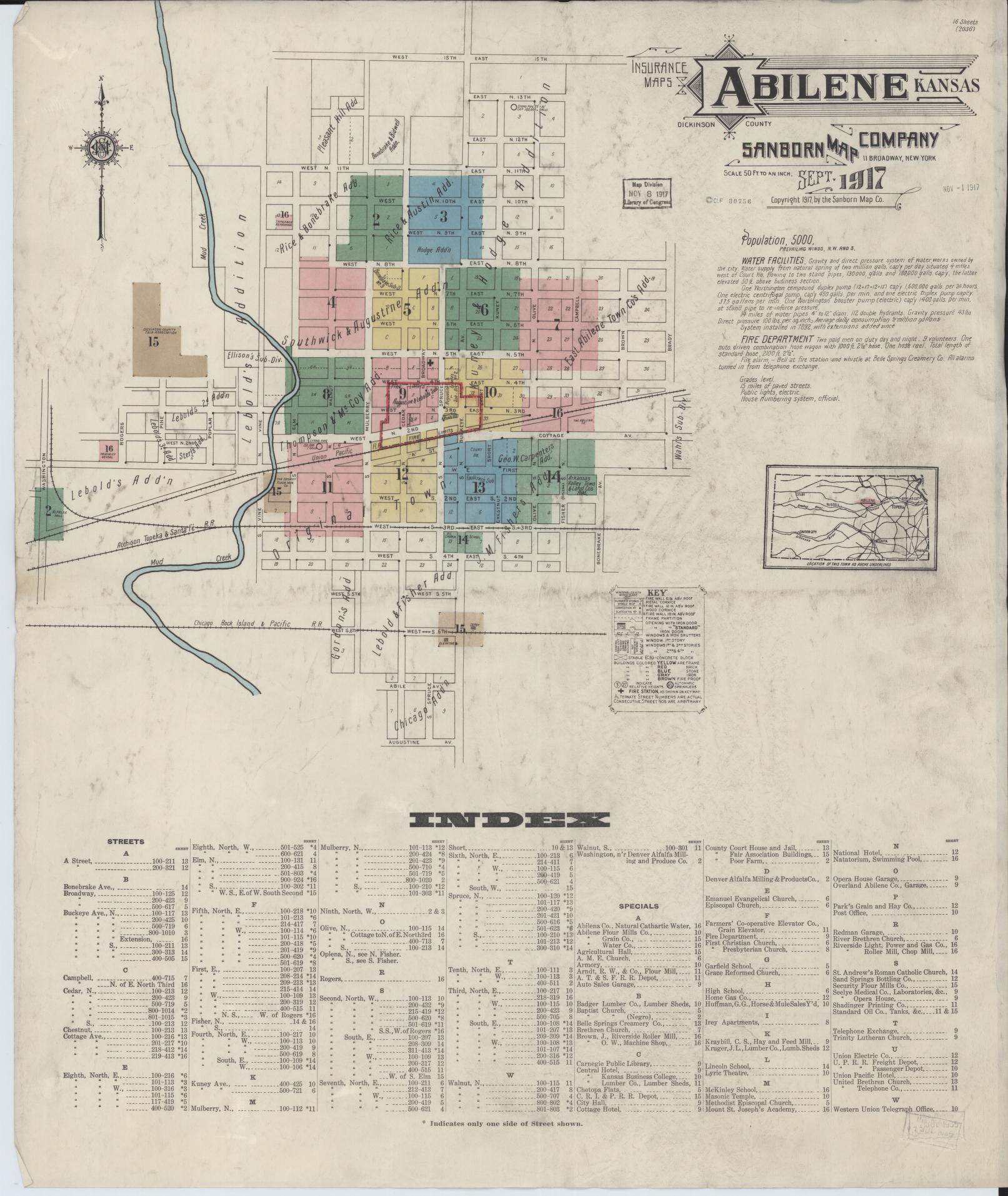 Sanborn Fire Insurance Map from Abilene, Dickinson County, Kansas (1917), Sheet #0001 - Historic Sanborn Fire Insurance Map Print, vintage old map wall art, antique decor, genealogy gift, Kansas Kansas map