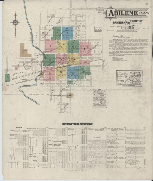 Sanborn Fire Insurance Map from Abilene, Dickinson County, Kansas (1917), Sheet #0001 - Historic Sanborn Fire Insurance Map Print, vintage old map wall art, antique decor, genealogy gift, Kansas Kansas map