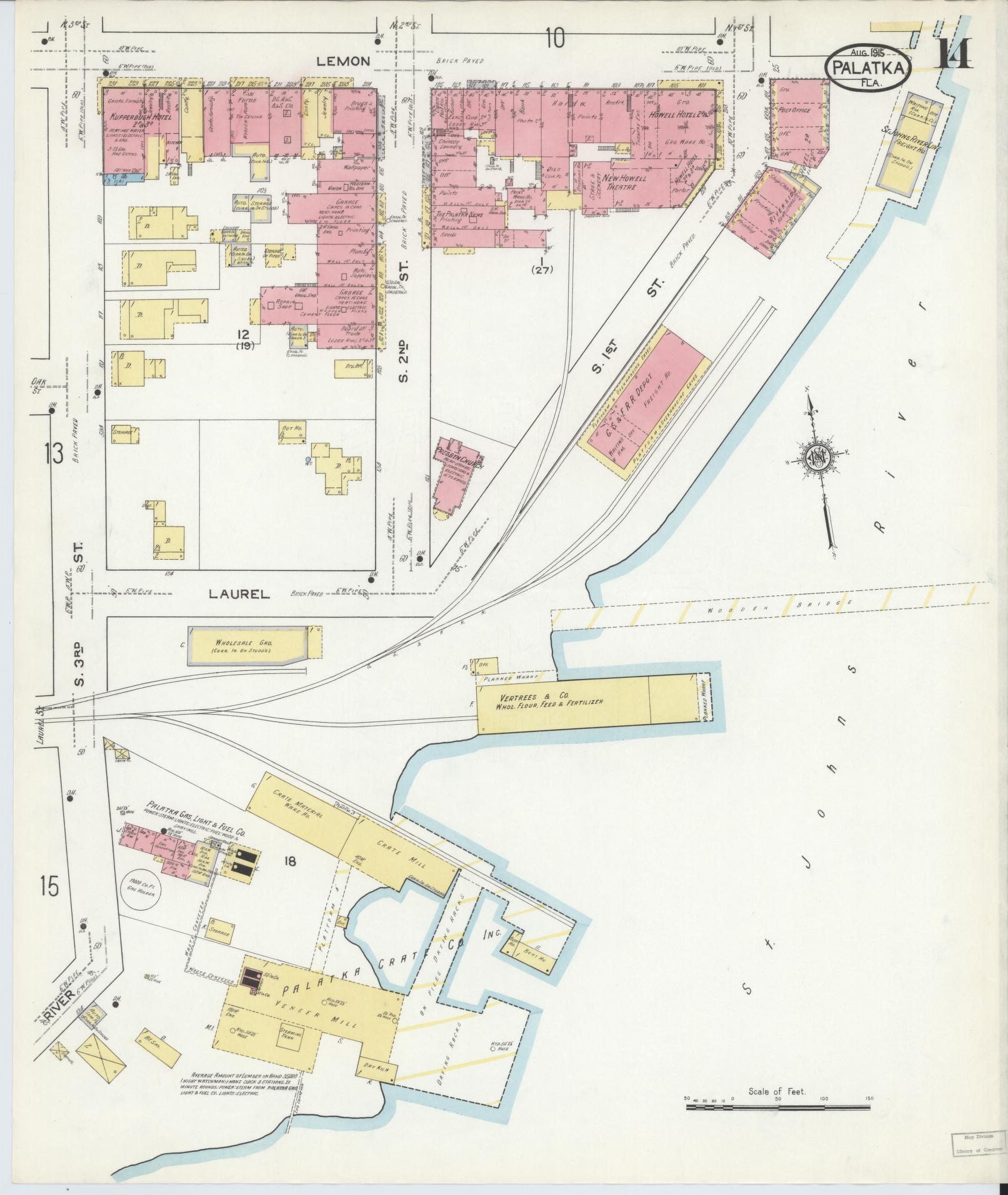 Sanborn Fire Insurance Map from Palatka, Putnam County, Florida (1915), Sheet #0014 - Complete Map Set gallery image, historic Sanborn map, vintage wall art, Florida Florida