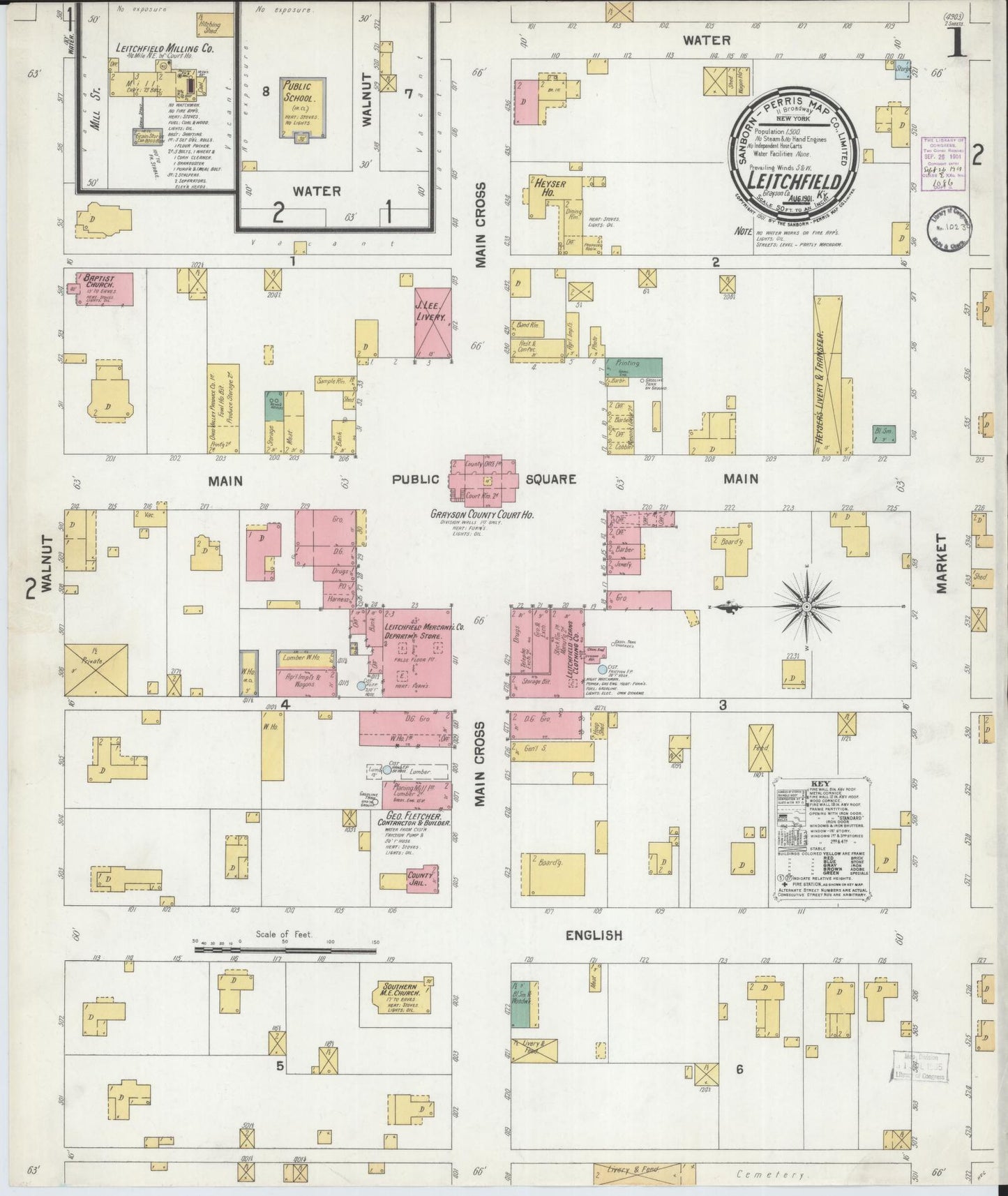 Sanborn Fire Insurance Map from Leitchfield, Grayson County, Kentucky (1901), Sheet #0001 - Historic Sanborn Fire Insurance Map Print, vintage old map wall art, antique decor, genealogy gift, Kentucky Kentucky map