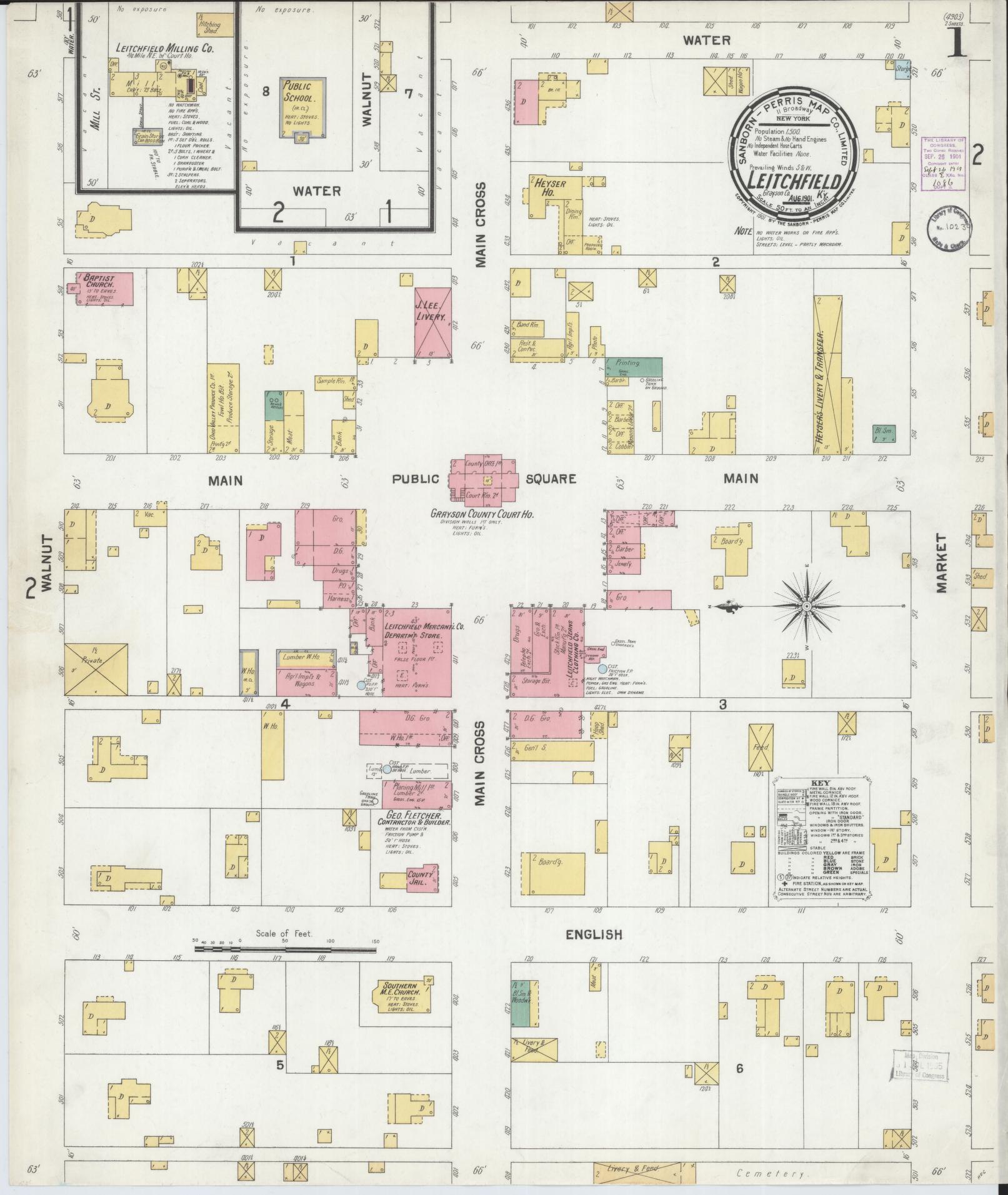 Sanborn Fire Insurance Map from Leitchfield, Grayson County, Kentucky (1901), Sheet #0001 - Historic Sanborn Fire Insurance Map Print, vintage old map wall art, antique decor, genealogy gift, Kentucky Kentucky map