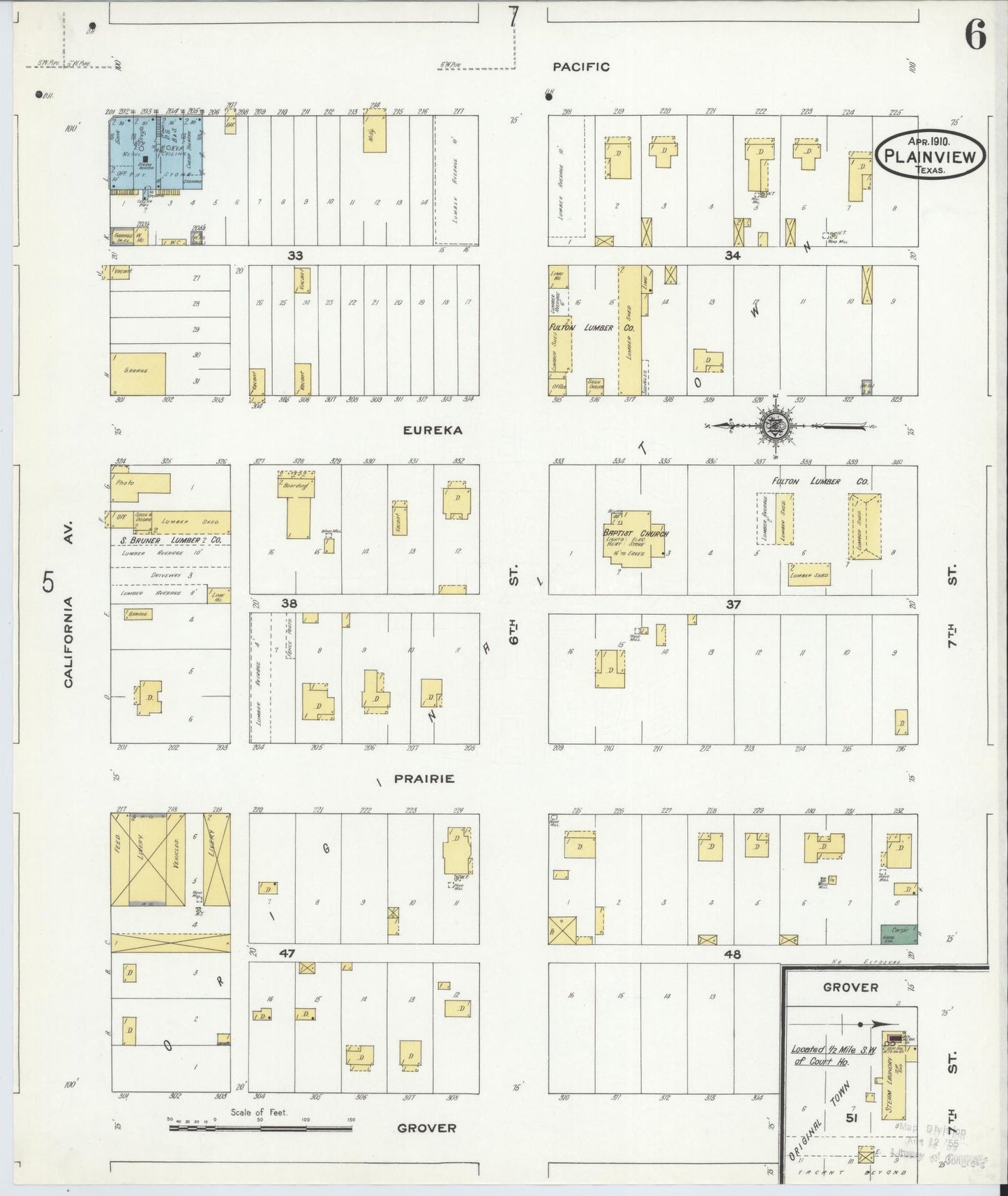 Sanborn Fire Insurance Map from Plainview, Hale County, Texas (1910), Sheet #0006 - Historic Sanborn Fire Insurance Map Print, vintage old map wall art, antique decor, genealogy gift, Texas Texas map