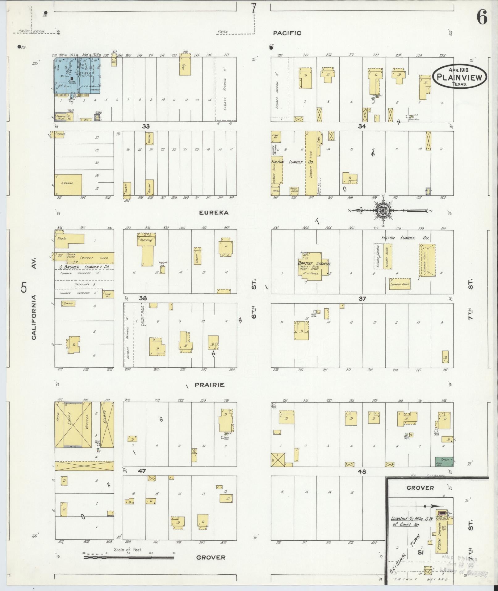 Sanborn Fire Insurance Map from Plainview, Hale County, Texas (1910), Sheet #0006 - Historic Sanborn Fire Insurance Map Print, vintage old map wall art, antique decor, genealogy gift, Texas Texas map