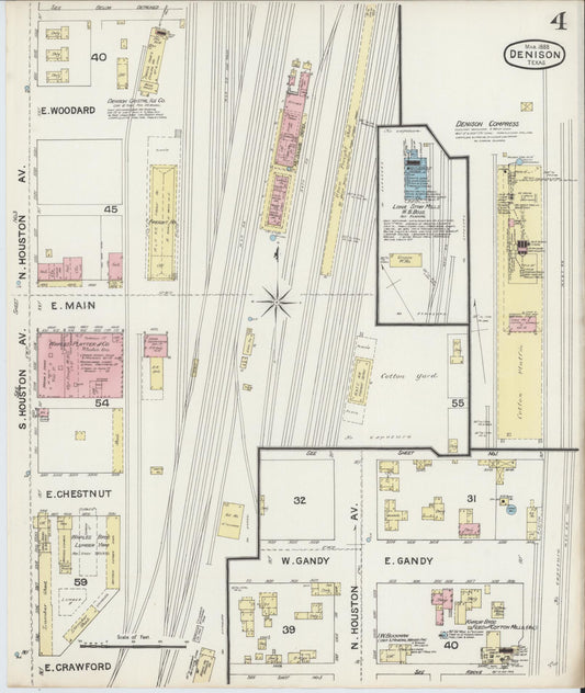 Sanborn Fire Insurance Map from Denison, Grayson County, Texas (1888), Sheet #0004 - Historic Sanborn Fire Insurance Map Print, vintage old map wall art, antique decor, genealogy gift, Texas Texas map