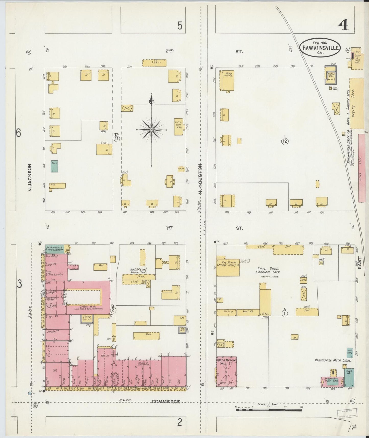 Sanborn Fire Insurance Map from Hawkinsville, Pulaski County, Georgia (1906), Sheet #0004 - Historic Sanborn Fire Insurance Map Print, vintage old map wall art, antique decor, genealogy gift, Georgia Georgia map