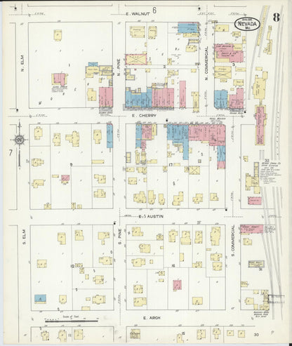 Sanborn Fire Insurance Map from Nevada, Vernon County, Missouri (1914), Sheet #0008 - Historic Sanborn Fire Insurance Map Print, vintage old map wall art, antique decor, genealogy gift, Missouri Missouri map