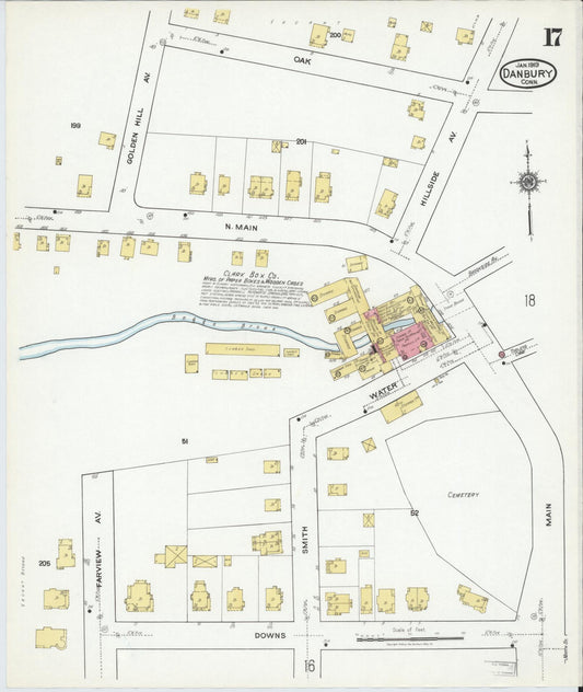 Sanborn Fire Insurance Map from Danbury, Fairfield County, Connecticut (1919), Sheet #0017 - Historic Sanborn Fire Insurance Map Print, vintage old map wall art, antique decor, genealogy gift, Connecticut Connecticut map