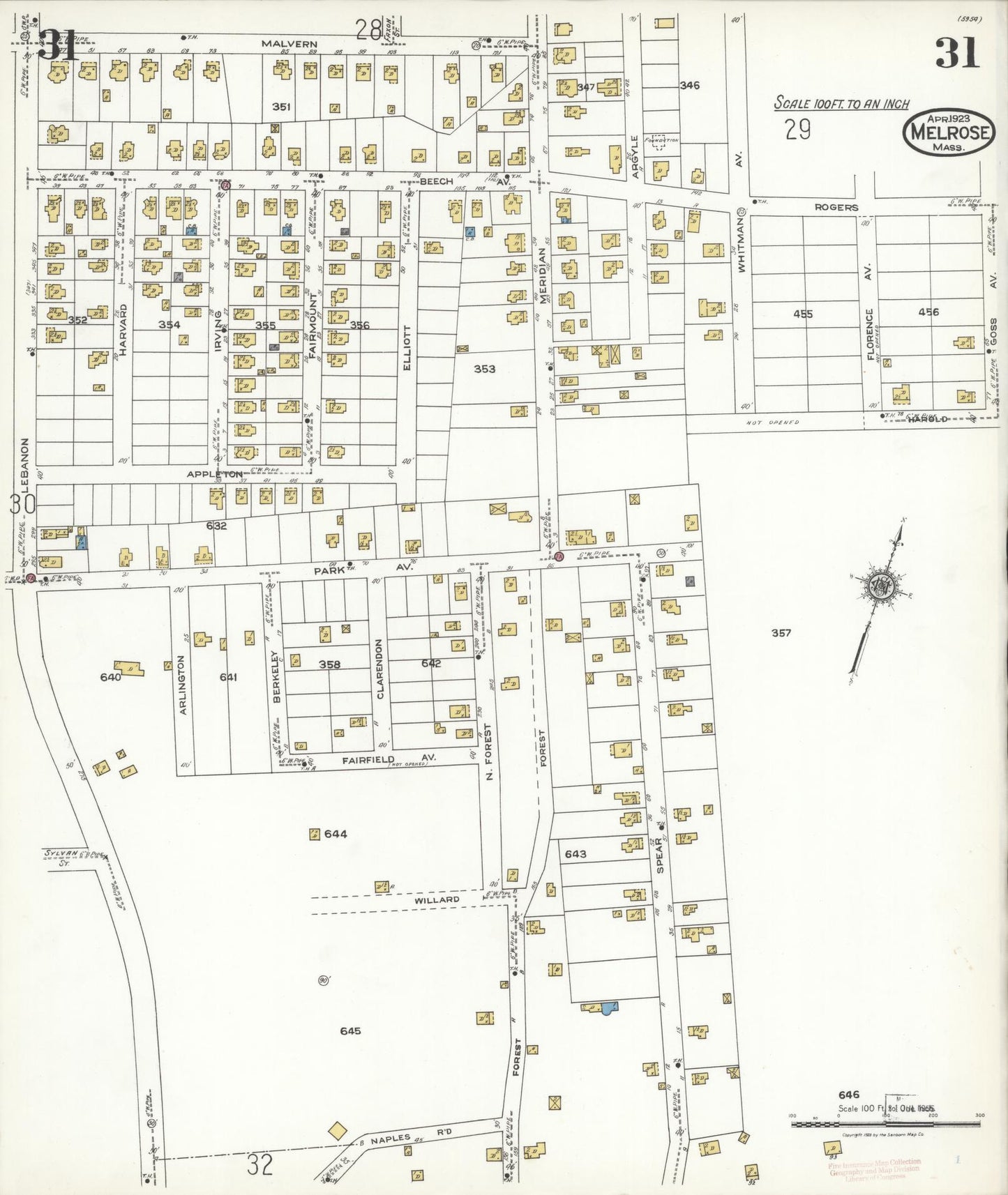 Sanborn Fire Insurance Map from Melrose, Middlesex County, Massachusetts (1923), Sheet #0031 - Complete Map Set gallery image, historic Sanborn map, vintage wall art, Massachusetts Massachusetts