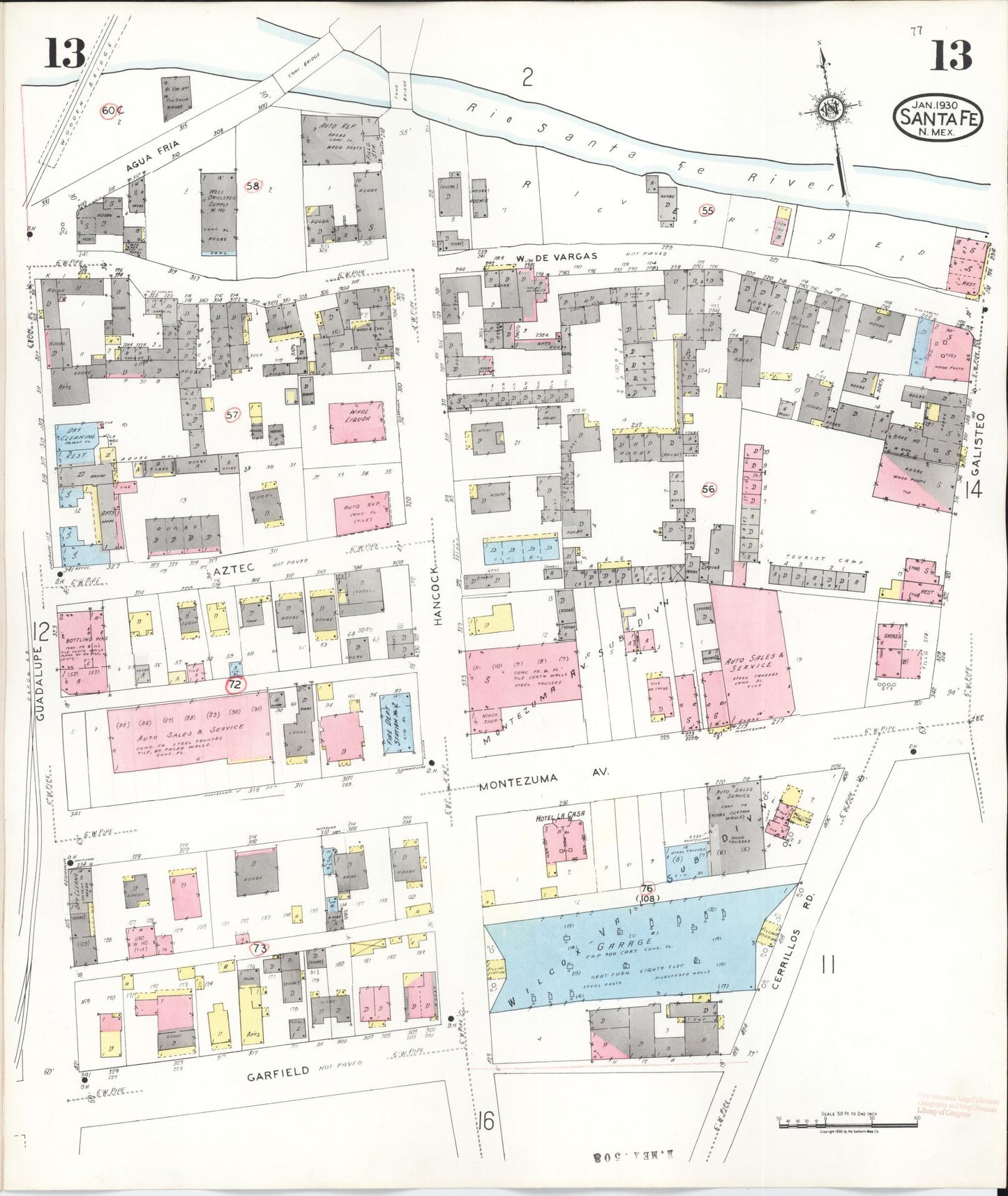 Sanborn Fire Insurance Map from Santa Fe, Santa Fe County, New Mexico (1948), Sheet #0013 - Historic Sanborn Fire Insurance Map Print, vintage old map wall art, antique decor, genealogy gift, New Mexico New Mexico map