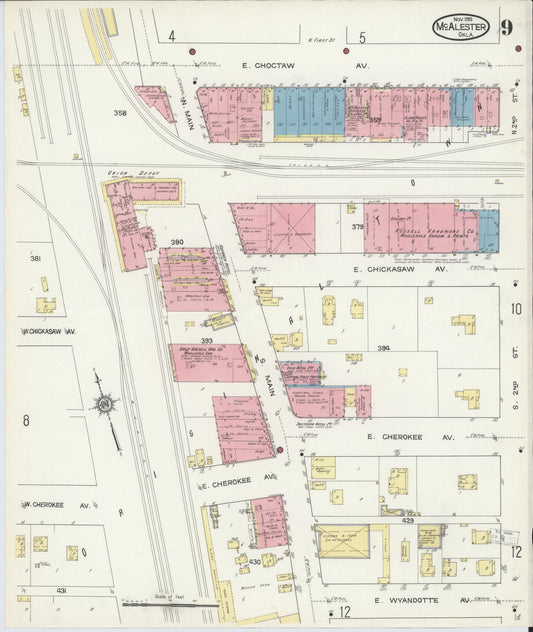 Sanborn Fire Insurance Map from McAlester, Pittsburg County, Oklahoma (1913), Sheet #0009 - Historic Sanborn Fire Insurance Map Print, vintage old map wall art, antique decor, genealogy gift, Oklahoma Oklahoma map