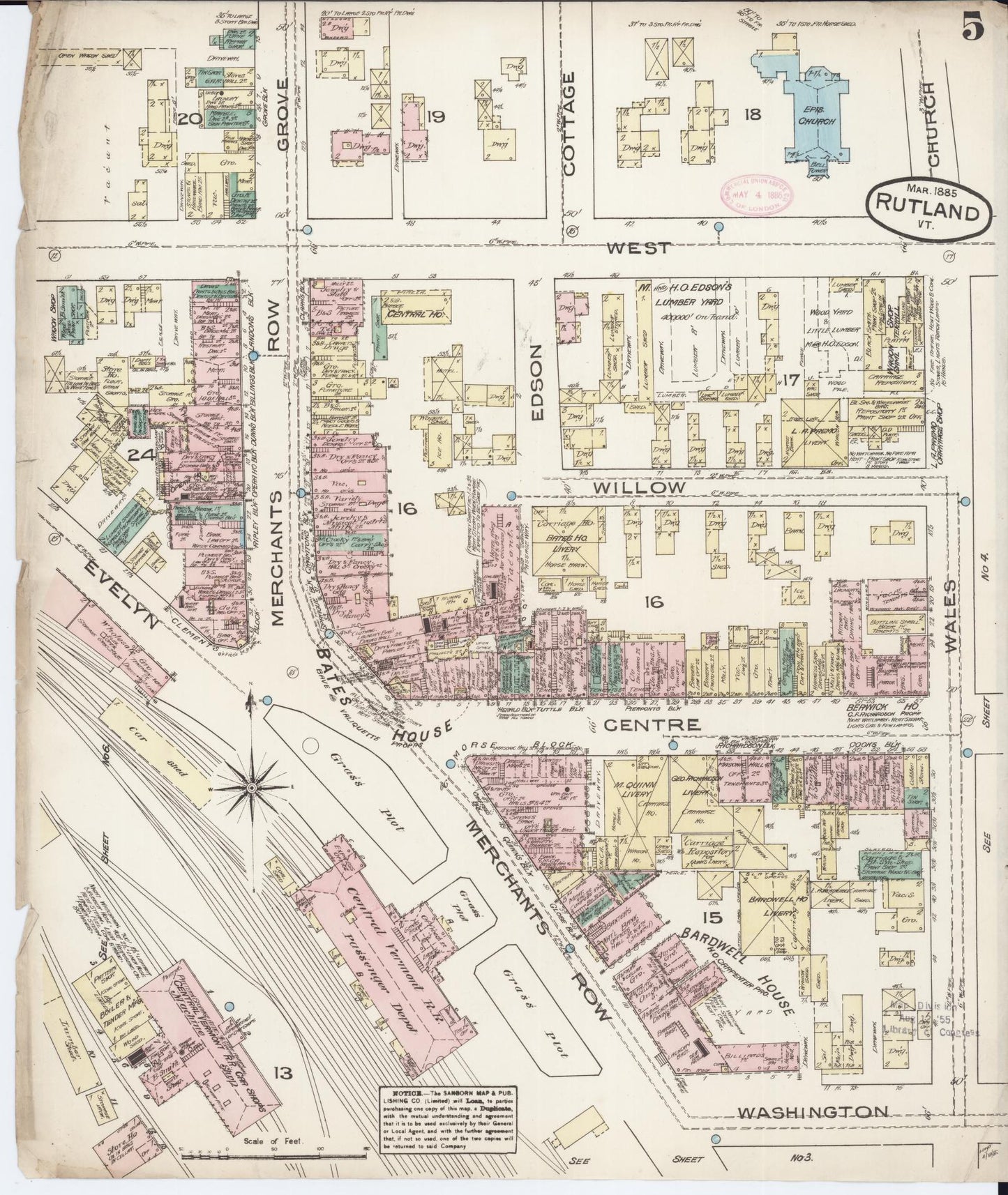 Sanborn Fire Insurance Map from Rutland, Rutland County, Vermont (1885), Sheet #0005 - Complete Map Set gallery image, historic Sanborn map, vintage wall art, Vermont Vermont