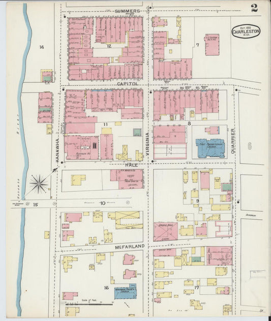 Sanborn Fire Insurance Map from Charleston, Kanawha County, West Virginia (1893), Sheet #0002 - Historic Sanborn Fire Insurance Map Print, vintage old map wall art, antique decor, genealogy gift, West Virginia West Virginia map