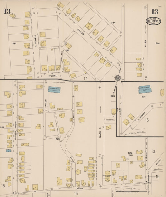 Sanborn Fire Insurance Map from Bluefield, Mercer County, West Virginia (1922), Sheet #0013 - Historic Sanborn Fire Insurance Map Print, vintage old map wall art, antique decor, genealogy gift, West Virginia West Virginia map