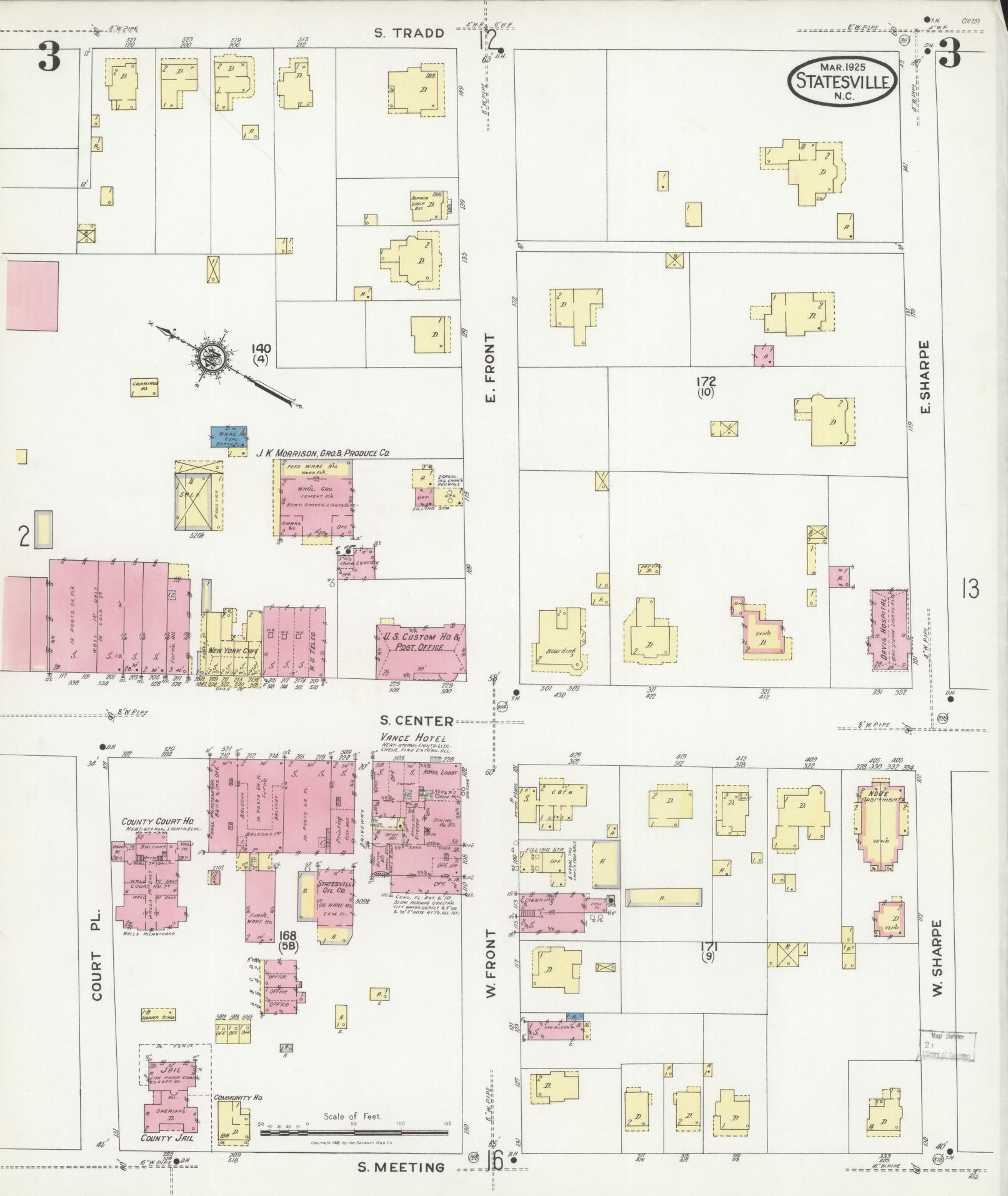 Sanborn Fire Insurance Map from Statesville, Iredell County, North Carolina (1925), Sheet #0003 - Historic Sanborn Fire Insurance Map Print, vintage old map wall art, antique decor, genealogy gift, North Carolina North Carolina map