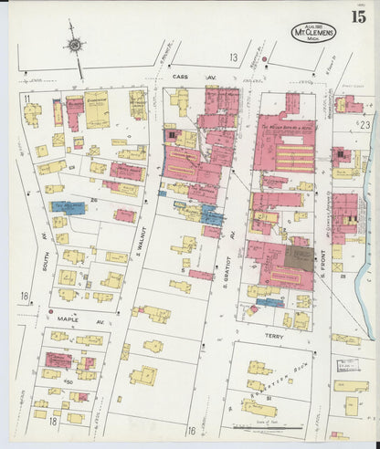 Sanborn Fire Insurance Map from Mount Clemens, Macomb County, Michigan (1921), Sheet #0015 - Historic Sanborn Fire Insurance Map Print, vintage old map wall art, antique decor, genealogy gift, Michigan Michigan map