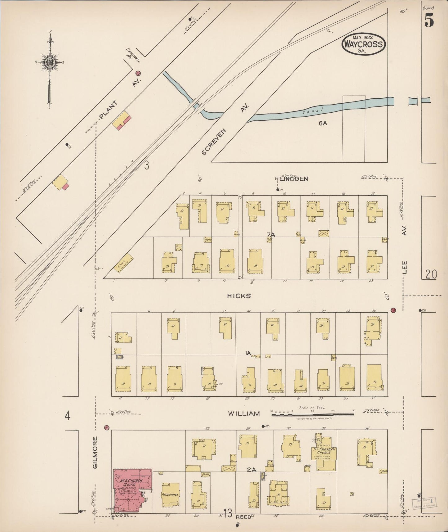 Sanborn Fire Insurance Map from Waycross, Ware County, Georgia (1922), Sheet #0005 - Complete Map Set gallery image, historic Sanborn map, vintage wall art, Georgia Georgia